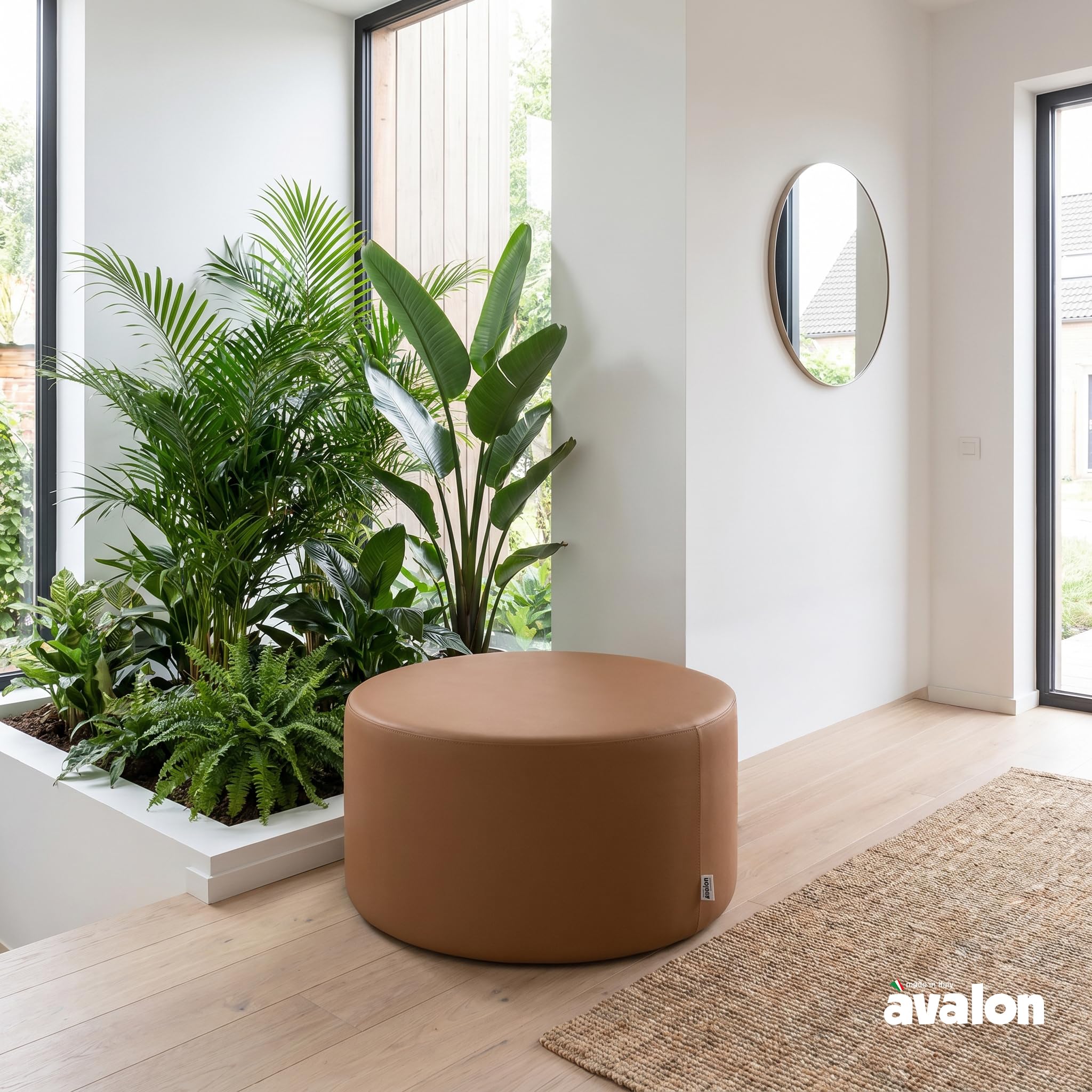 Avalon - Pouf Poggiapiedi Rigido CILINDRO Mamba Ignifugo Classe 1IM in Ecopelle Nautica, Puff Poggiapiedi, Seduta da Interno ed Esterno, Professionale Comodo Impermeabile, Made in IT(45cm-Beige)