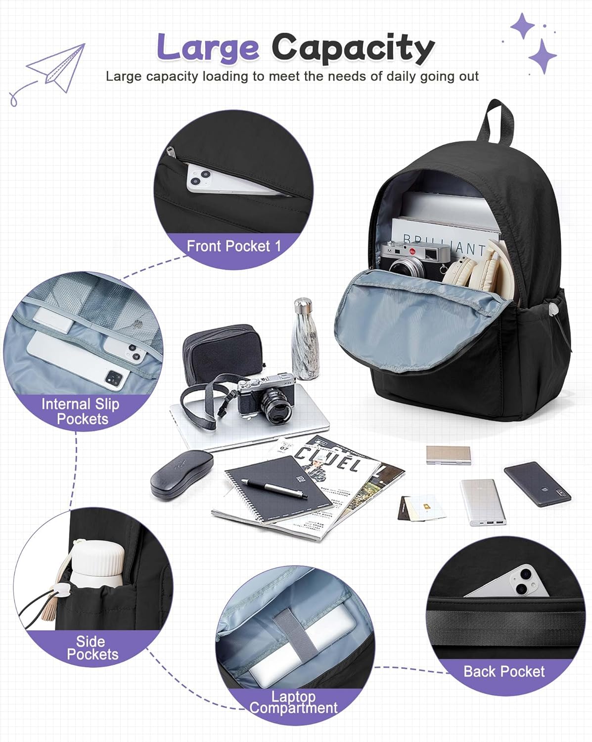 Black Backpack for School, High School Bookbag Back Pack for Teens Girls Boys, Lightweight College Backpack Book Bag for Women Men, Simple Casual Daypack Backpack Mochilas Escolares para Adolescentes - Image 4