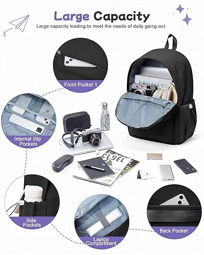 Miniatura 4 de Mochila negra para la escuela, mochila de escuela secundaria para adolescentes, niñas y niños, mochila universitaria ligera para mujeres y hombres,