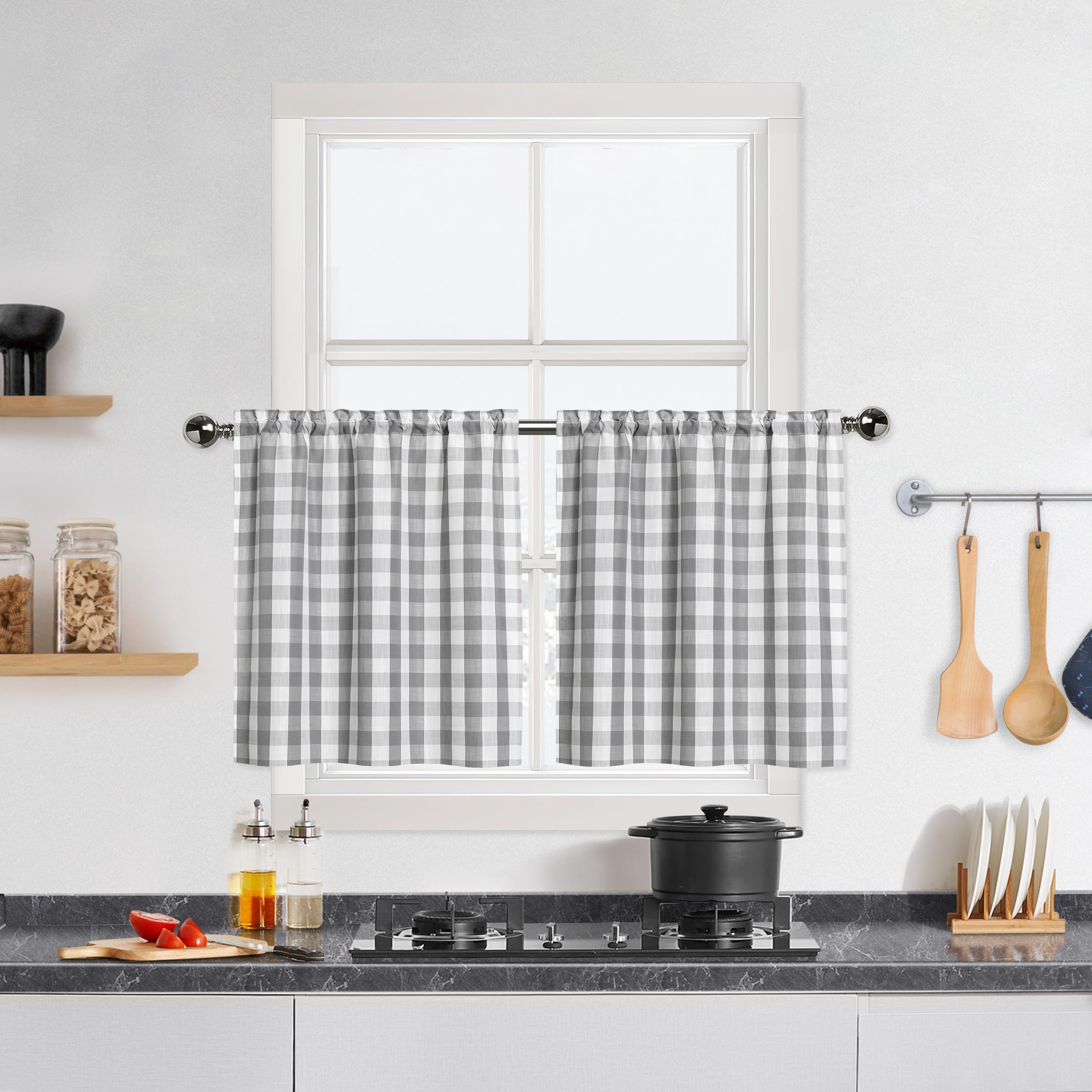 Bapawfish Grey Buffalo Plaid Cafe Curtains 30 Inch Length