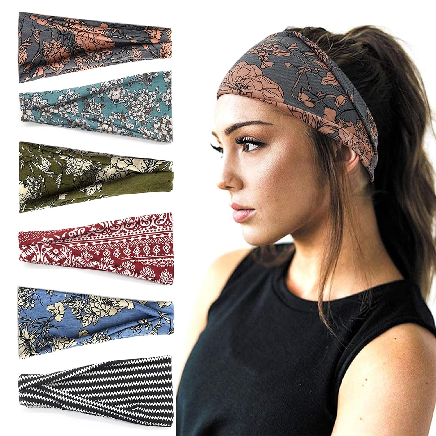 Boho Headbands for Women Wide Head Bands Yoga Workout Hair Bands for Women's Hair Non Slip Summer Womens Headbands Hair Accessories 2 Pack-image-3