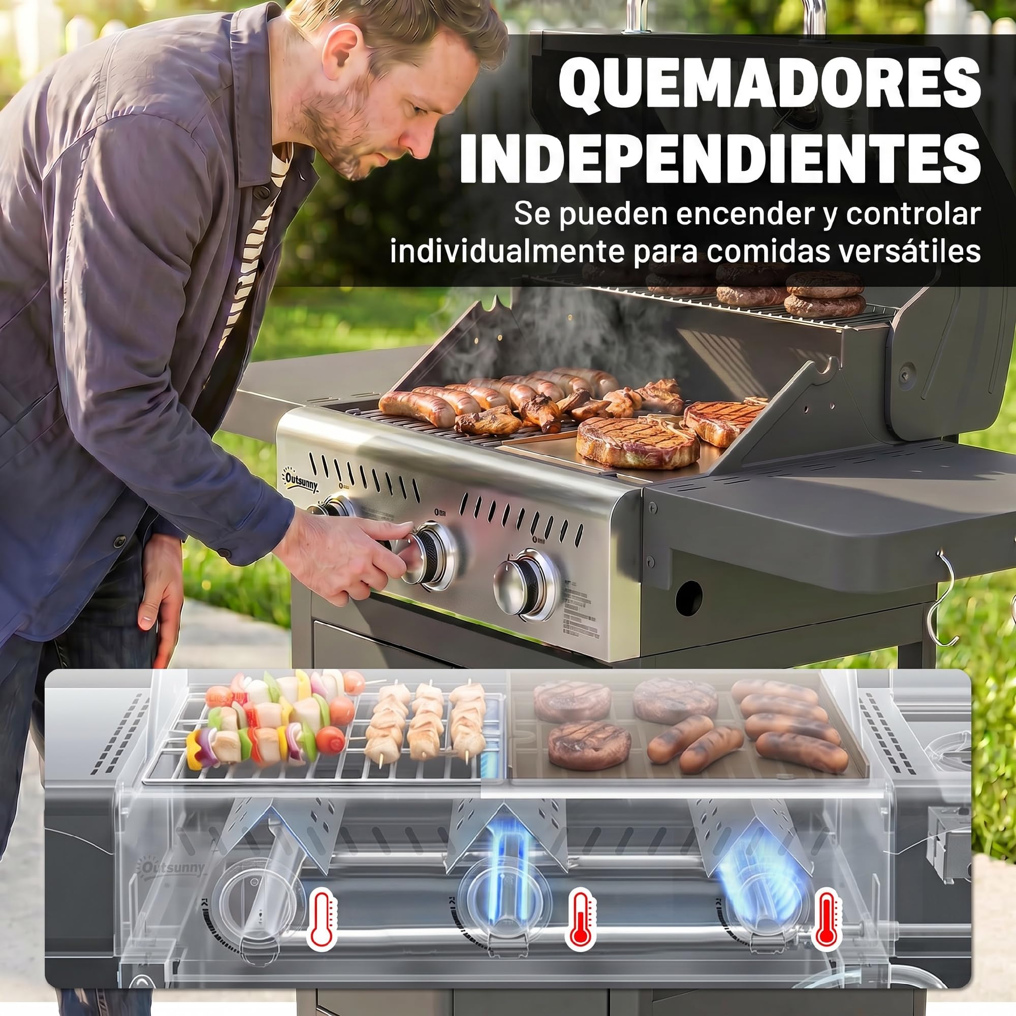 Outsunny Barbacoa de Gas BBQ Gas Portátil 3 Quemadores 7,5 kW Termómetro | Mesas Laterales Plegables, Rejilla Calentadora, Parrilla Plancha, Tapa con Ventana, Recogedor y Recipiente Grasa