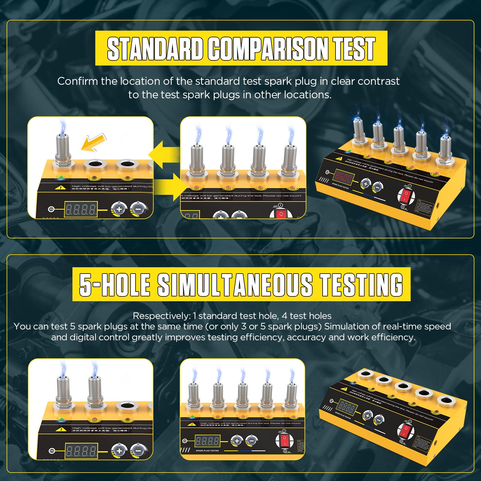 BELEY Tester per Candele Automobilistiche - Tester di Accensione per Motocicli a 5 Fori da 220V 200-9000 giri/min Frequenza Regolabile con Display Digitale e Indicatore, per Auto e Moto con Motore 12v