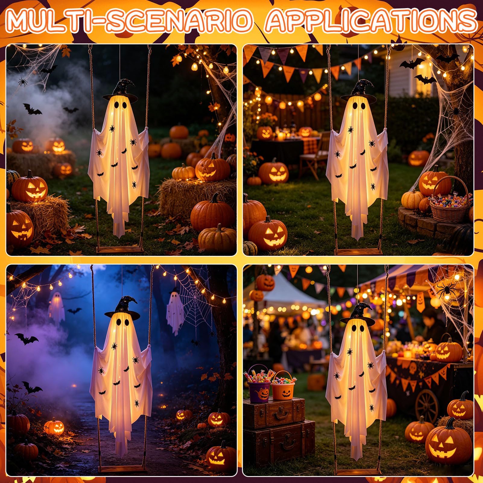 Halloween Deko Geist mit Kürbis Eimer,1.5M Halloween Deko Hängender Geister mit 8 Lichtmodi & Fernbedienung,Gespenster Halloweendeko,Gruselige Windsack für Außen Innen Garten Terrasse Party (D)