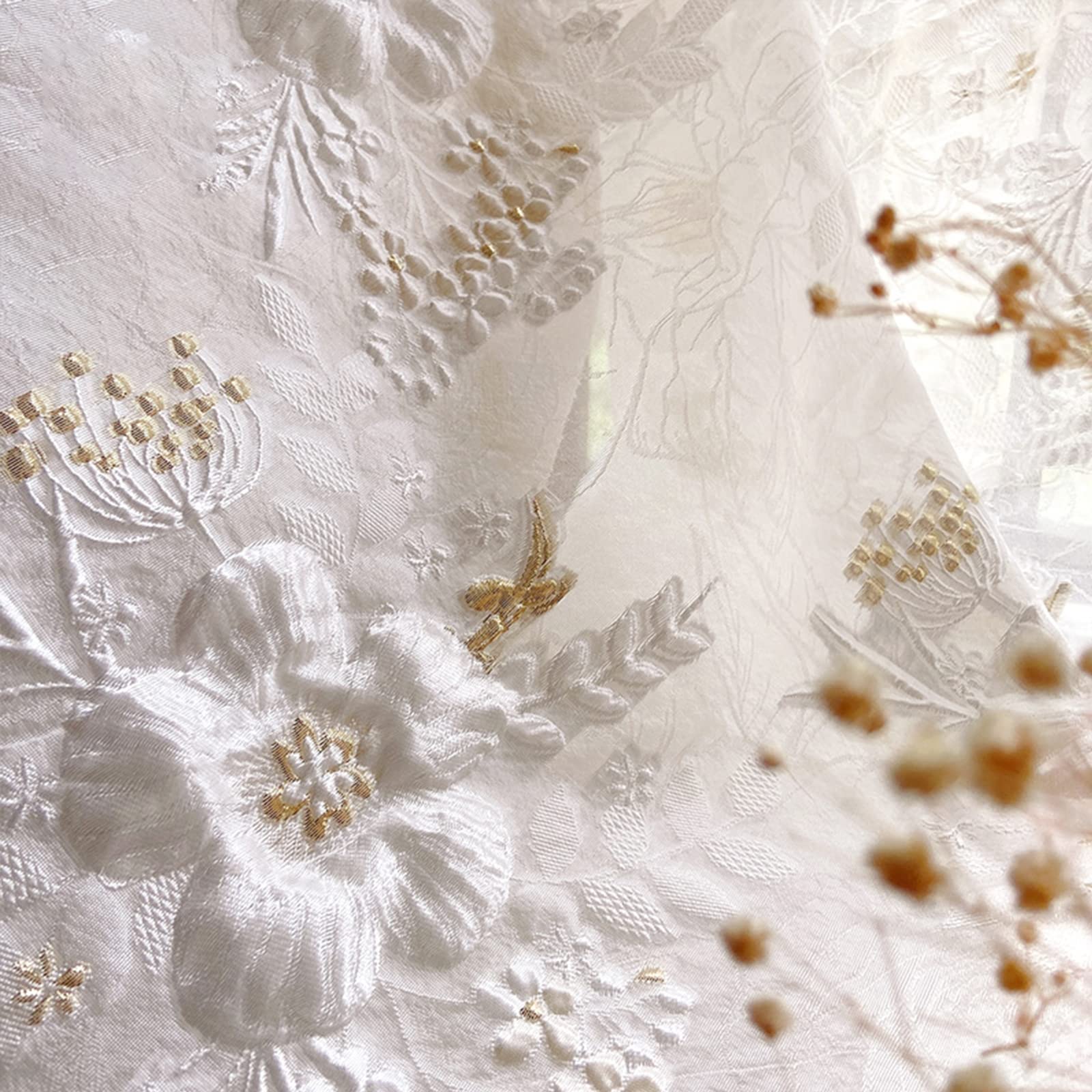 tela, Tela de satén seda con brocado y flores for coser tú mismo, Jacquard, elegante, dorada, diente león blancas, exquisita novedosa, suave, 145 x 50 cm