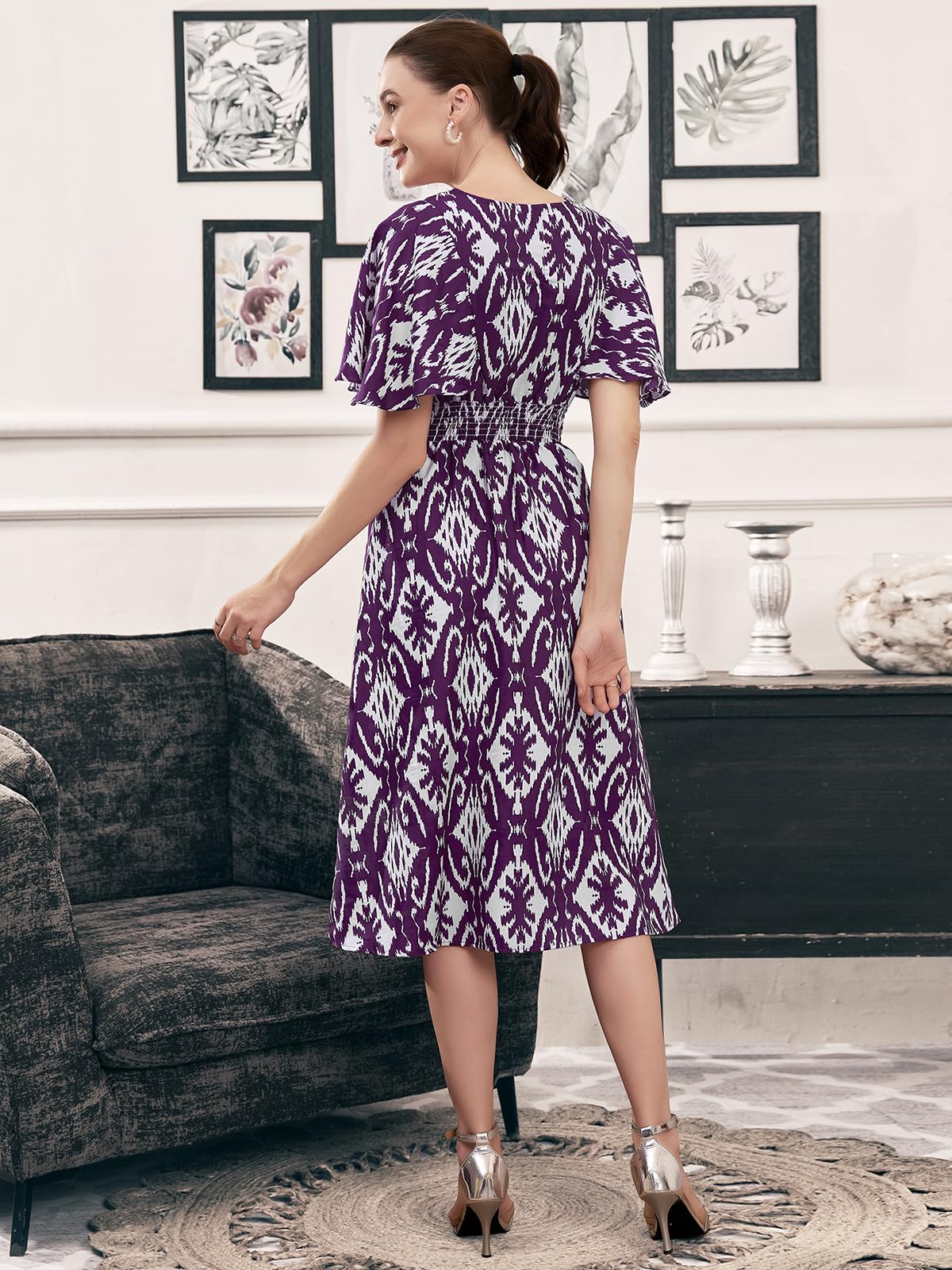 Selvia Western Dress For Women | Printed Crepe Western Dress For Women | Fit & Flare Dress For Women | One Piece Dress For Women (637Dtk7715N-Xs_Dark Purple & White)