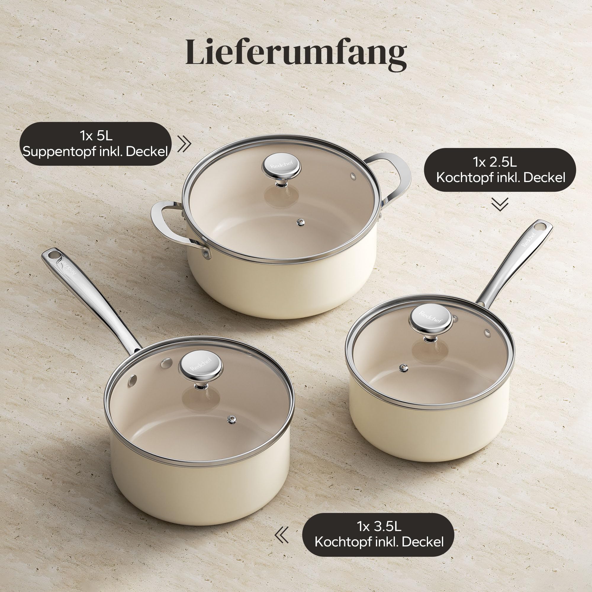 Redchef Set di pentole in ceramica 6 pezzi, compatibile induzione con coperchi in vetro, pentola 24 cm, casseruole 18/20 cm, adatto a tutti i piani cottura e forno, colore Beige