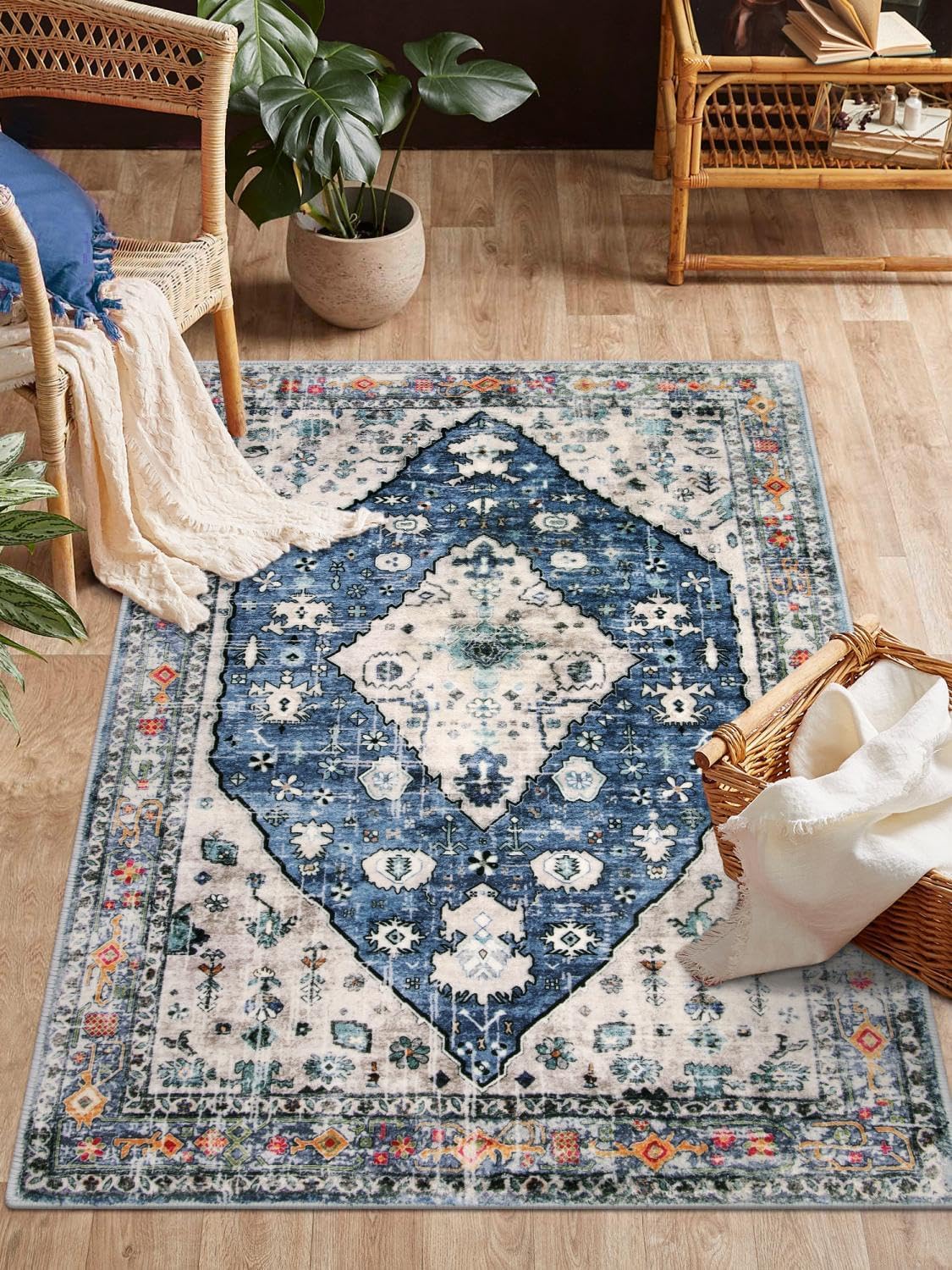 Tapis vintage à poils courts doux lavable antidérapant pour salon, chambre à coucher, chambre d'enfant, salle à manger, couloir, cuisine - Bleu - 40 x 60 cm