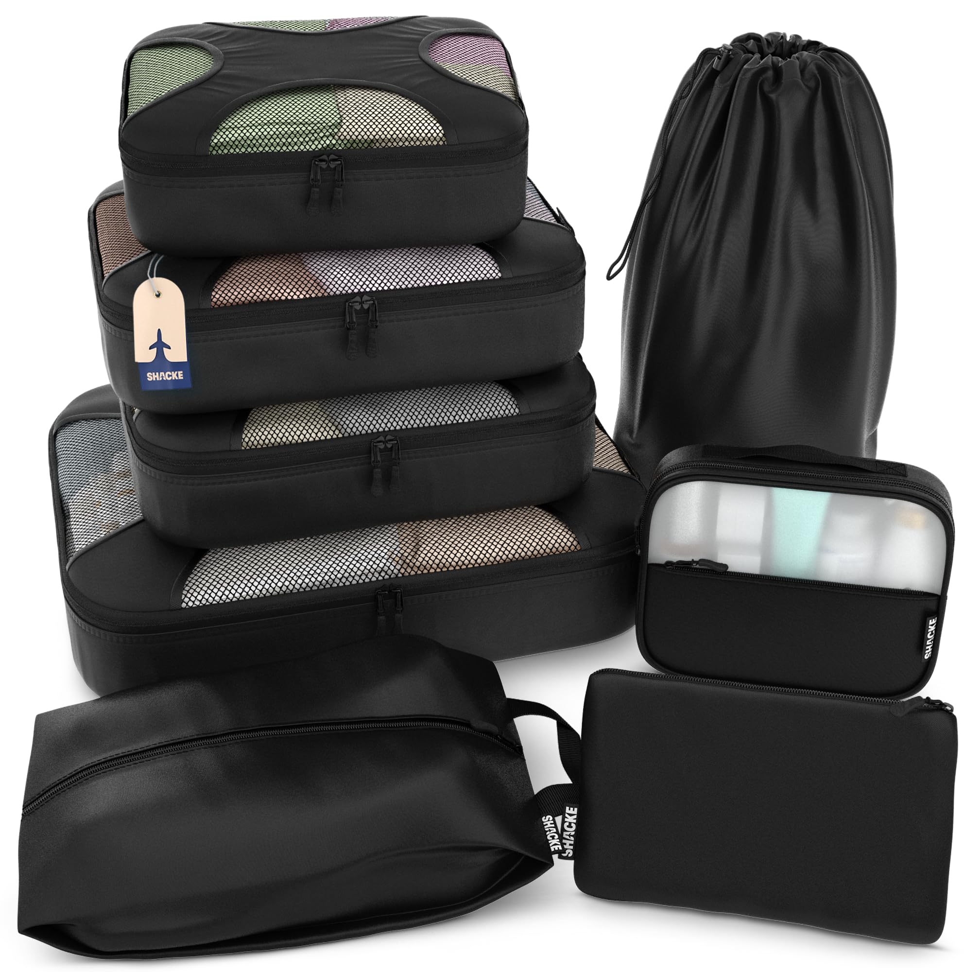 Shacke Premium 8 Packing Cubes Set - Lightweight Mesh Travel Luggage Organizers with Laundry Bag, 8-Piece Suitcase Storage System (Black)