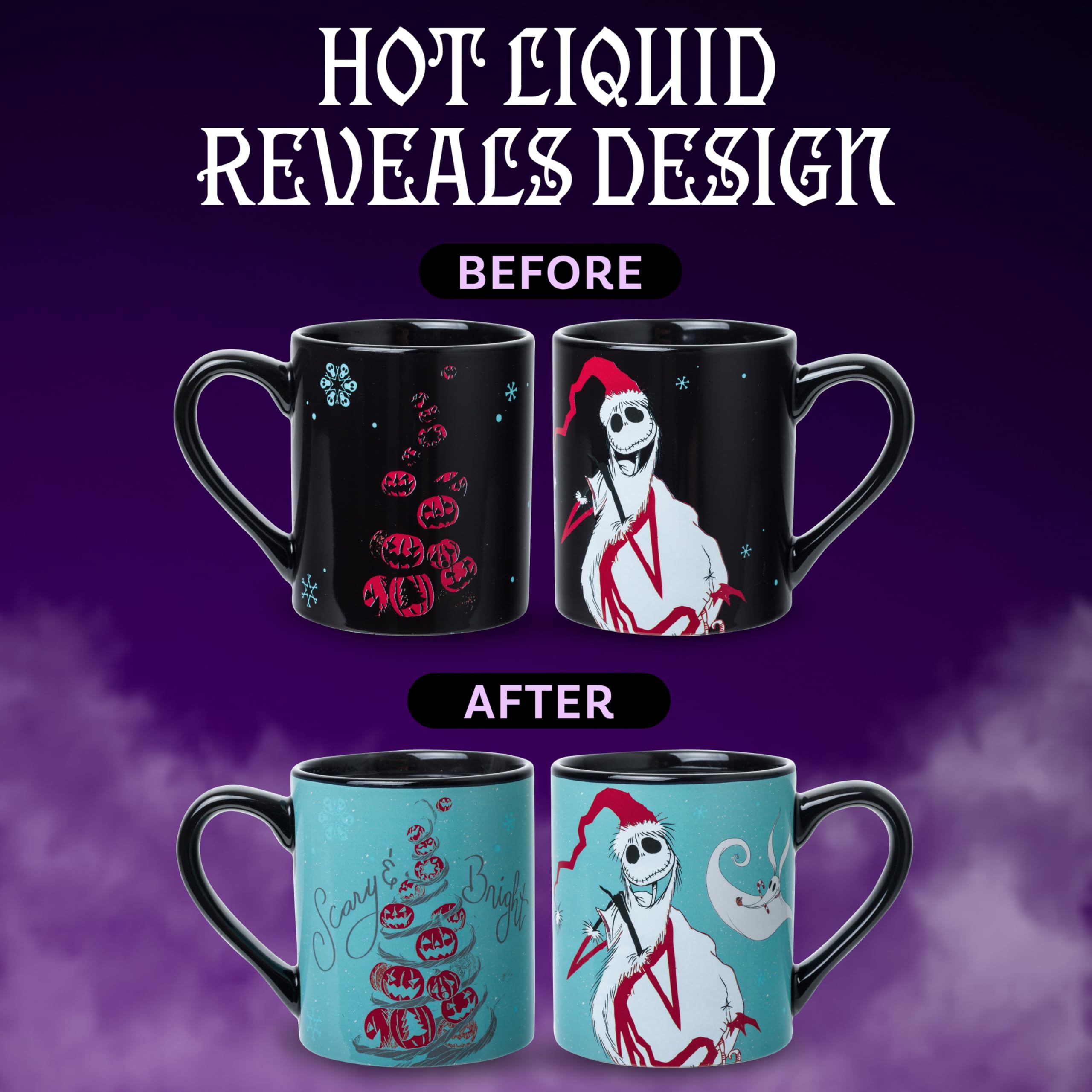 Silver Buffalo Nightmare Before Xmas - Taza de cerámica de 396.9 g con mensaje Ghostly Greetings Scary and Bright Heat Reveal