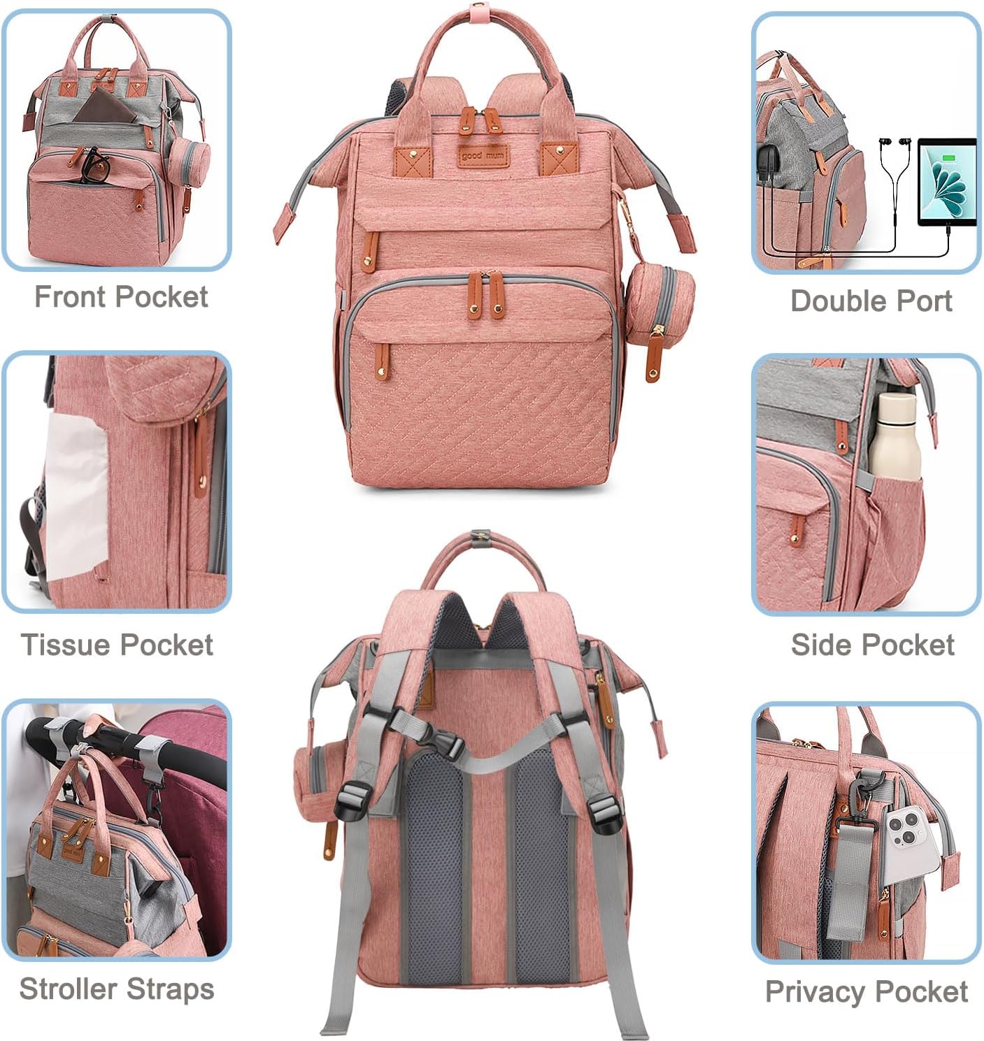 SHITIESHOU Diaper Bag Backpack Baby Bag for Mom Dad with Changing Pad, 19 Pockets, Large Waterproof Travel Baby Girl Boy Toddle Diaper Bag with Insulated Pocket, Baby Shower Gifts, Pink