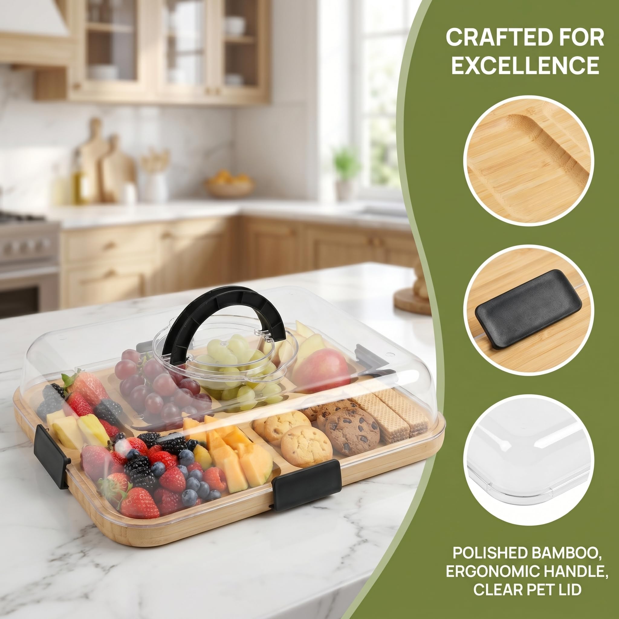 Charcuterie Board con coperchio, 36,7 cm, con manico, in bambù, con coperchio, vassoio da portata per formaggio, snack, antipasti, grande piatto per snack diviso, per picnic, feste, 2-4 persone