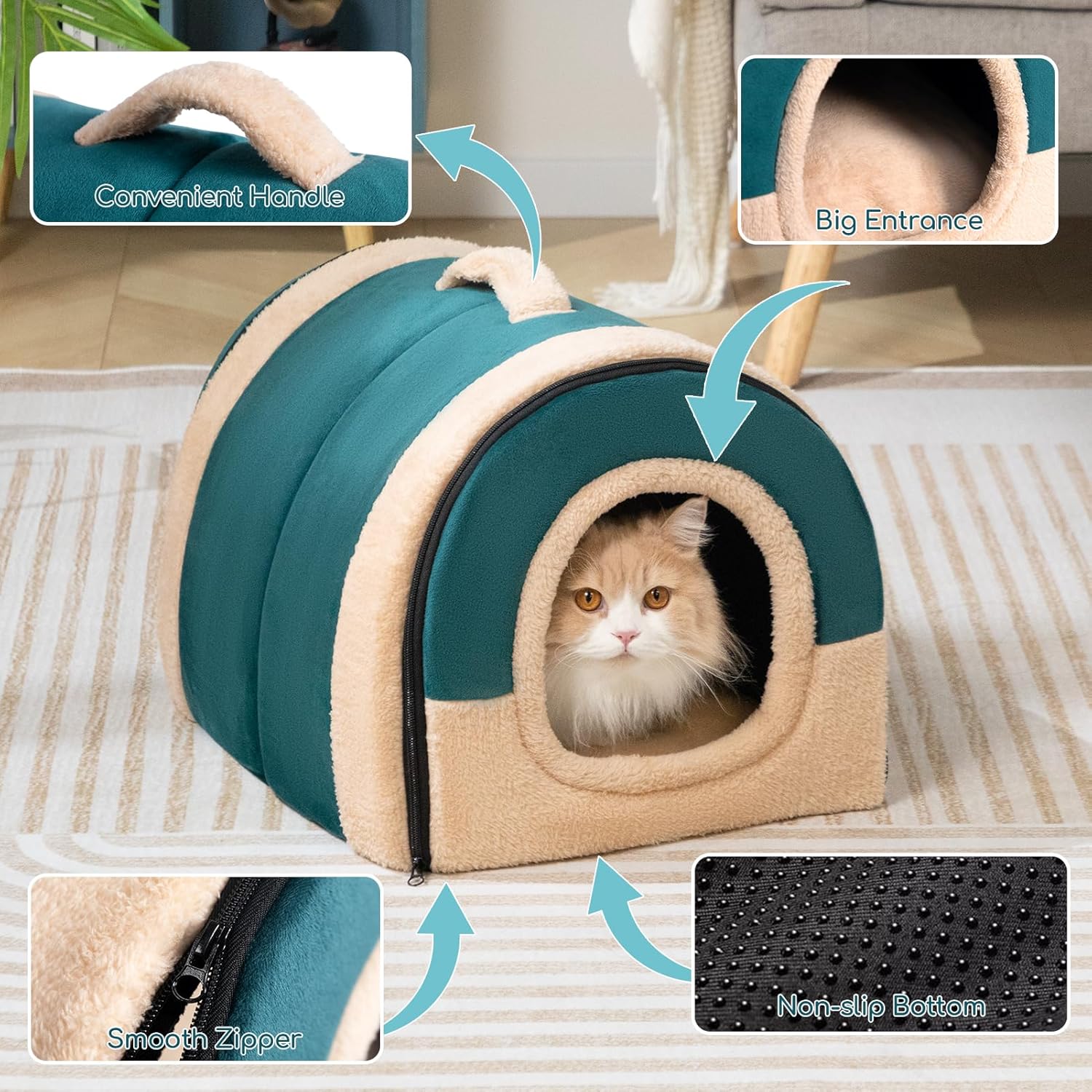 Hollypet Cat Bed Self-Warming 2 in 1 Foldable Kitty Cave Hut House Nest Pet Sleeping Bed, Crystal Velvet Pet Condo for Indoor Cats, Green Arched Cave