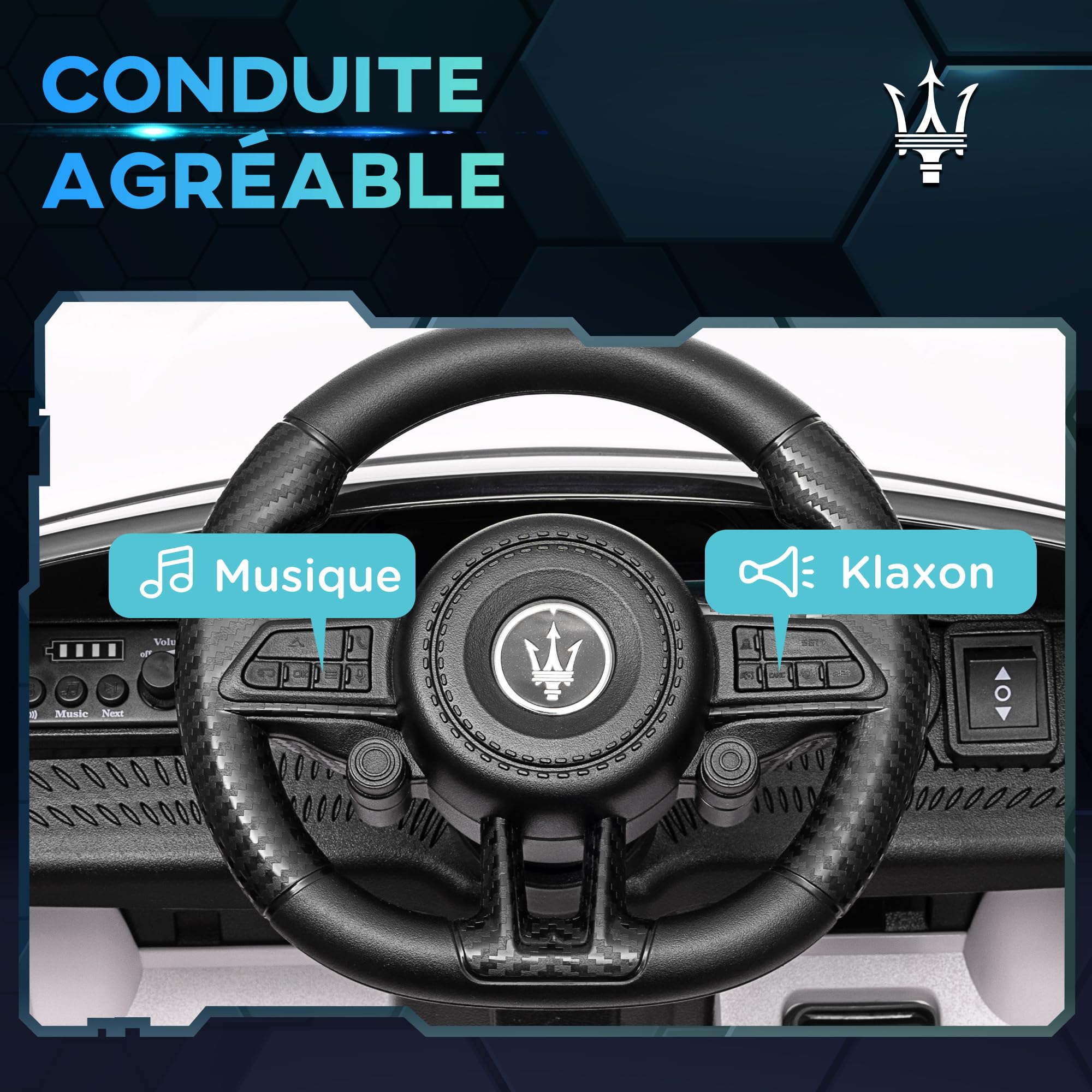 AIYAPLAY Voiture électrique Enfants sous Licence Maserati Gran Turismo Folgore, véhicule électrique 12V avec télécommande 2,4G, phares LED, Musique, klaxon, MP3, Voiture pour Enfants 3 à 5 Ans, Blanc