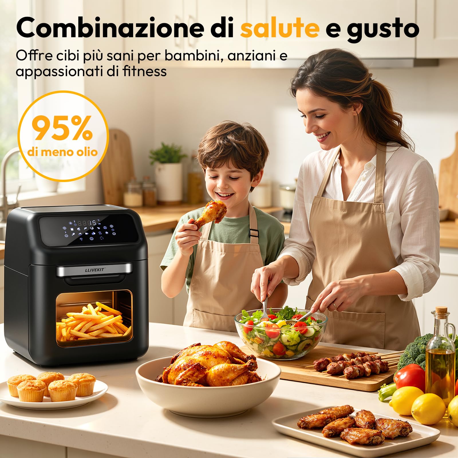 LLIVEKIT Friggitrice ad Aria 12L per Famiglia 3-6 Persone, Forno ad Aria Calda 12 in 1 con Touch Screen LED, Friggere Senza Olio da 1800W, Griglia, 7 Accessori e Ricettario, Cottura Senza Olio
