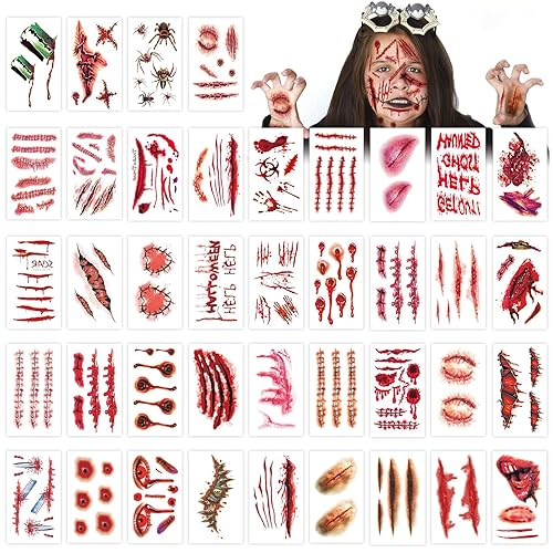 265 piezas de 40 hojas de tatuajes temporales de cicatrices falsas, de terror, realista, para heridas, maquillaje de cara y cuerpo, calcomanías de