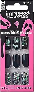 KISS imPRESS Press-On Manicure Halloween, Green, Medium Length, Square Shape, PureFit Technology, Chip Proof, Smudge Proof, Waterproof, Prep Pad, Mini Nail File, Manicure Stick & 30 Fake Nails