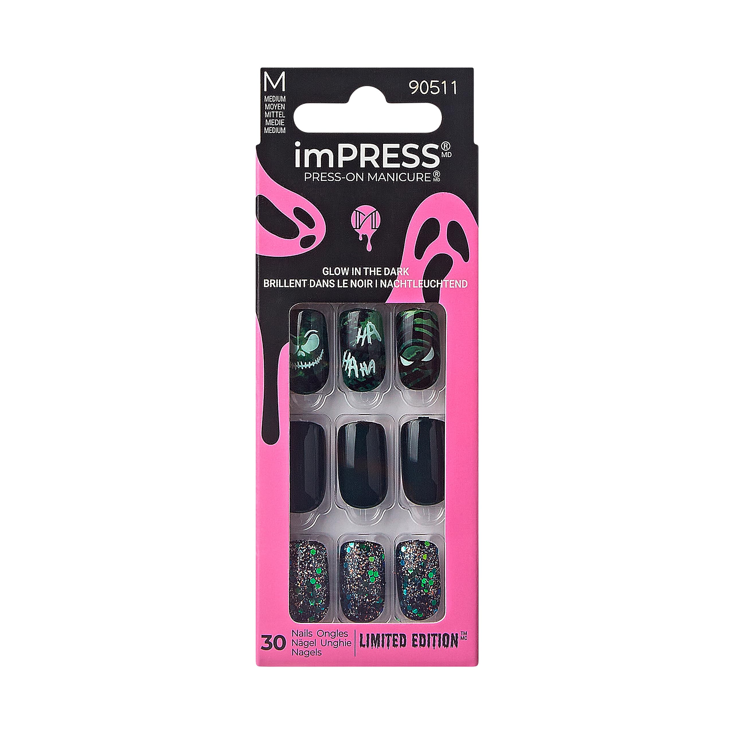 KISS imPRESS Press-On Manicure Halloween, Green, Medium Length, Square Shape, PureFit Technology, Chip Proof, Smudge Proof, Waterproof, Prep Pad, Mini
