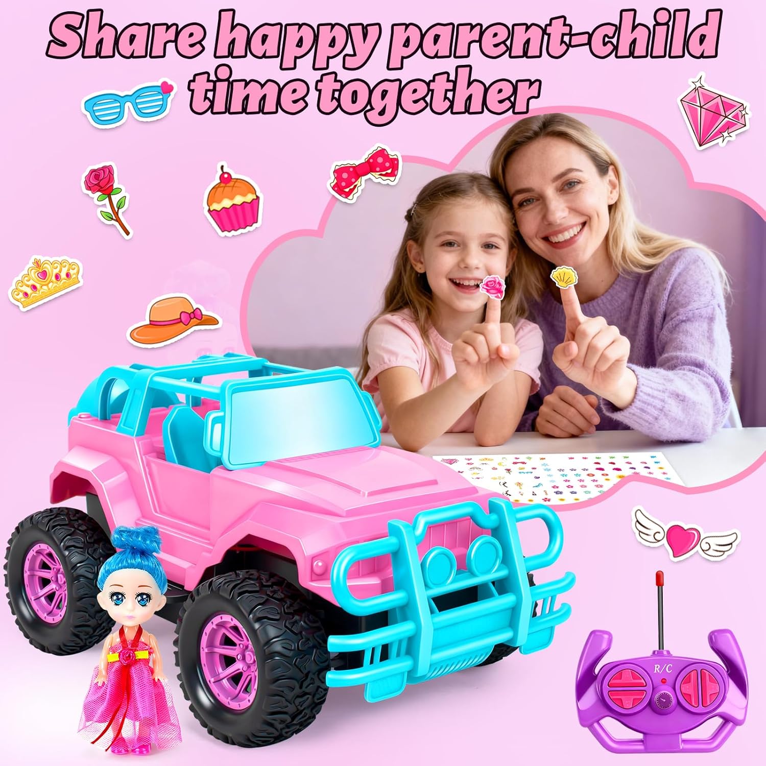 Remote Control Car RC Truck with DIY Stickers and Doll, 1:20 Scale Remote Control Monster Truck, 2.4Ghz LED Light Off-Road Racing Cars, for Kids Boys Girls 6 7 8 9 10 Years Old