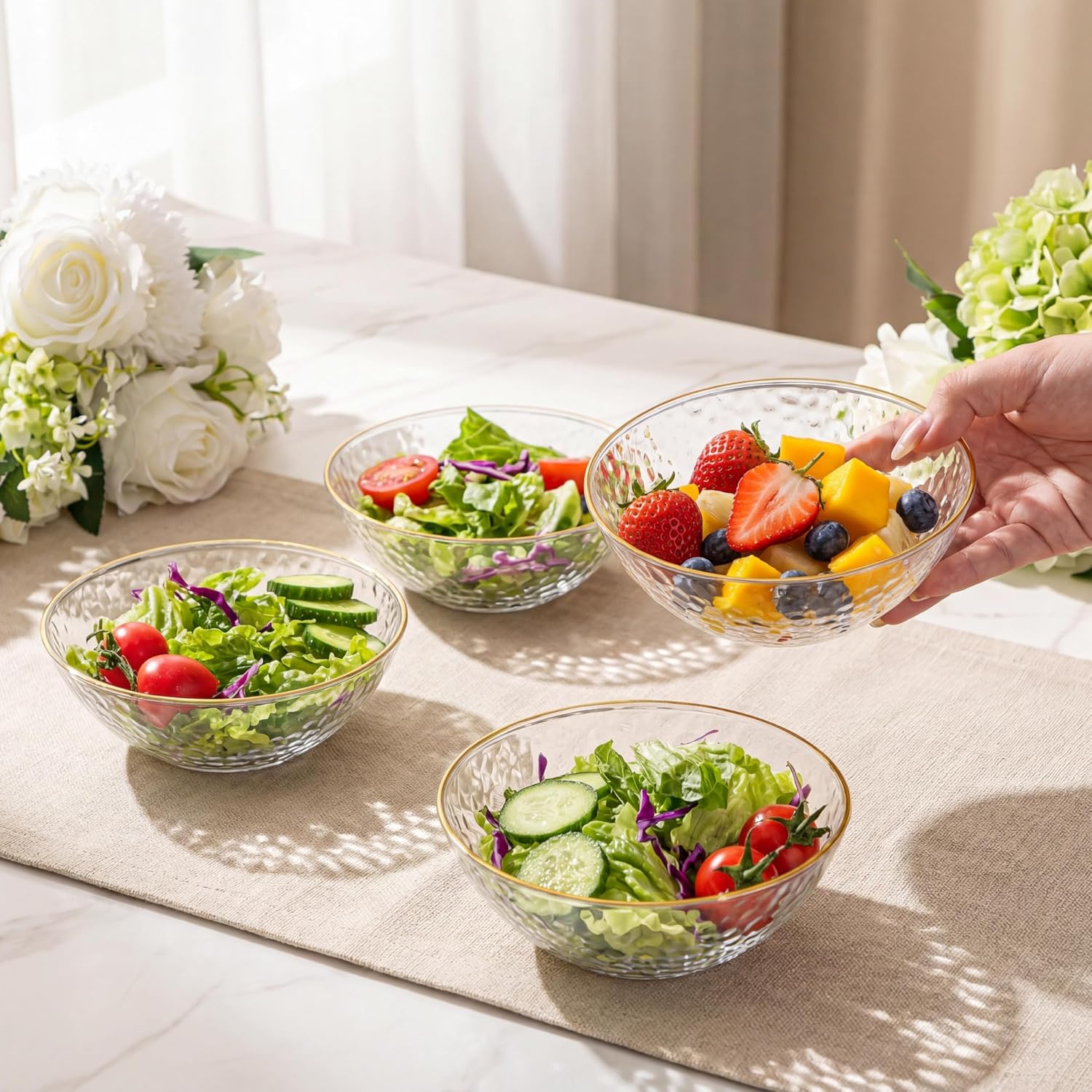 Tinybee 50 Pack Clear Plastic Bowls - Clear Disposable Bowls for Party with Gold Rim, 16-20oz Premium Hammered Bowls Disposable Heavy Duty, Plastic Salad Bowls for Milk Cereals, Snacks, Salads