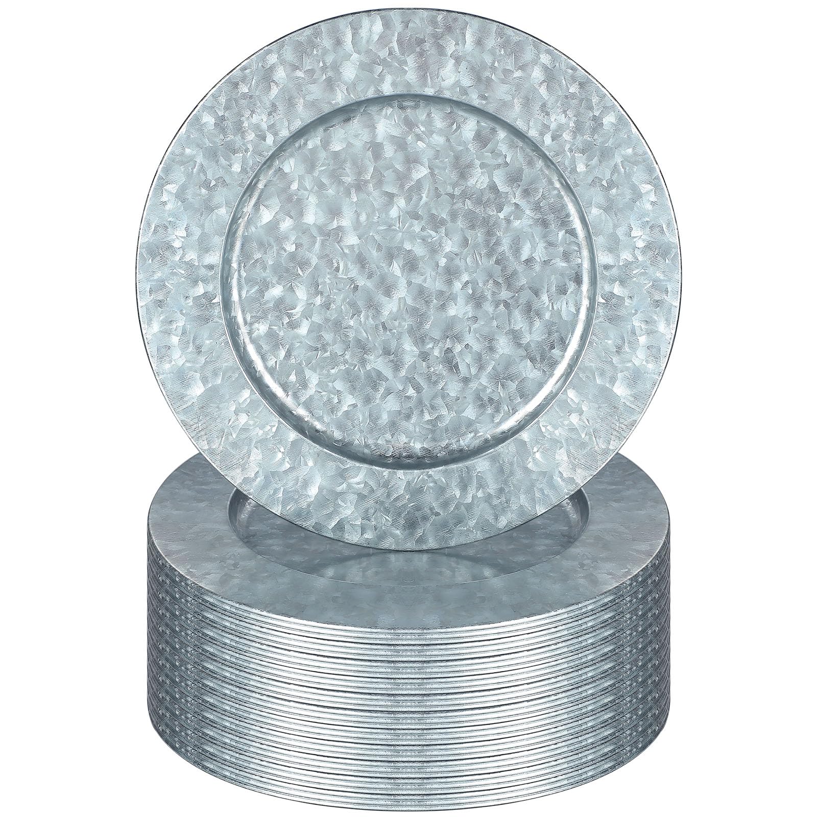 Maxdot 24 Pcs 13 Inches Round Charger Plates Silver, Rustic Galvanized Metal Chargers Plates Farmhouse Modern Home Table Decoration for Dinner Wedding Party