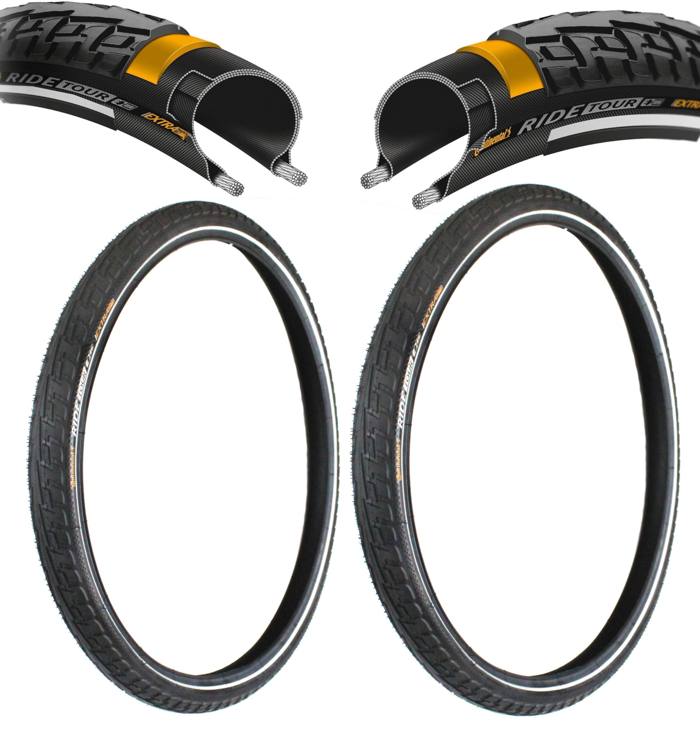 2X Fahrrad Reifen Continental Ride Tour 1,75 x 26 Zoll, Extra Pannenschutz, Drahtreifen, Reflexstreifen, schwarz, 47-559, E-Bike bis 25km/h