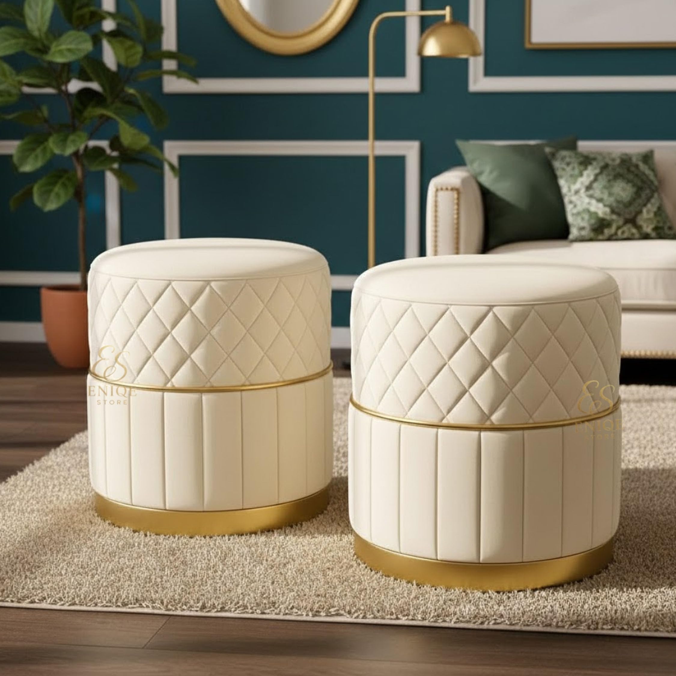 Set of 2 Round Velvet Ottoman Footstool with Storage & Gold Base – Tufted Upholstered Pouffe Stool for Living Room, Bedroom & Dressing Area (Cream)-image-39