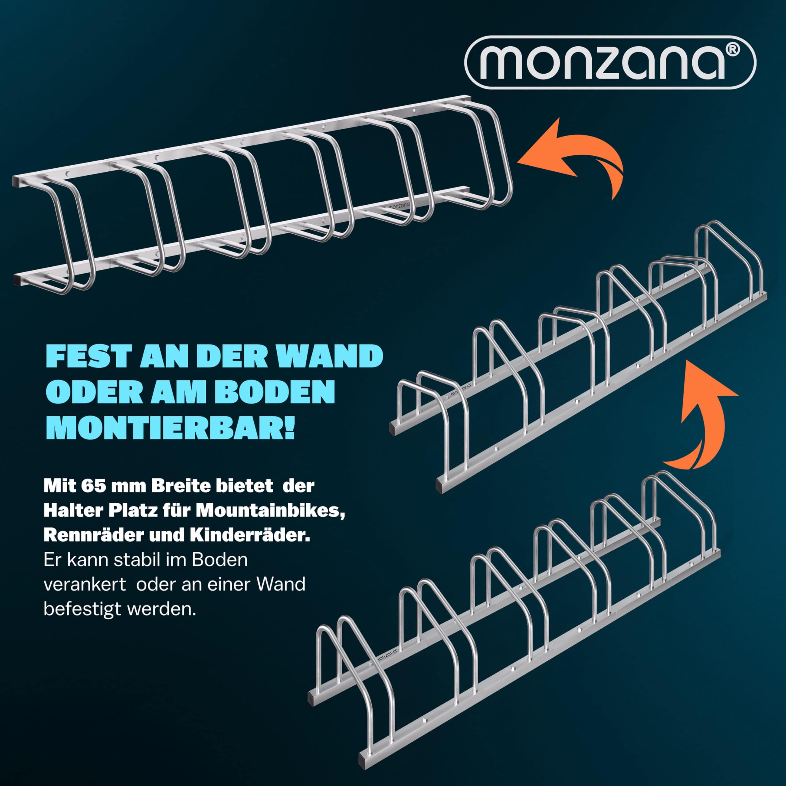 Monzana® Fahrradständer für 6 Fahrräder 37cm Radabstand 30-65mm Reifenbreite rostfreier Stahl selbstsichernde Schrauben Boden oder Wandmontage Mehrfachständer Fahrradhalter Aufstellständer Radständer