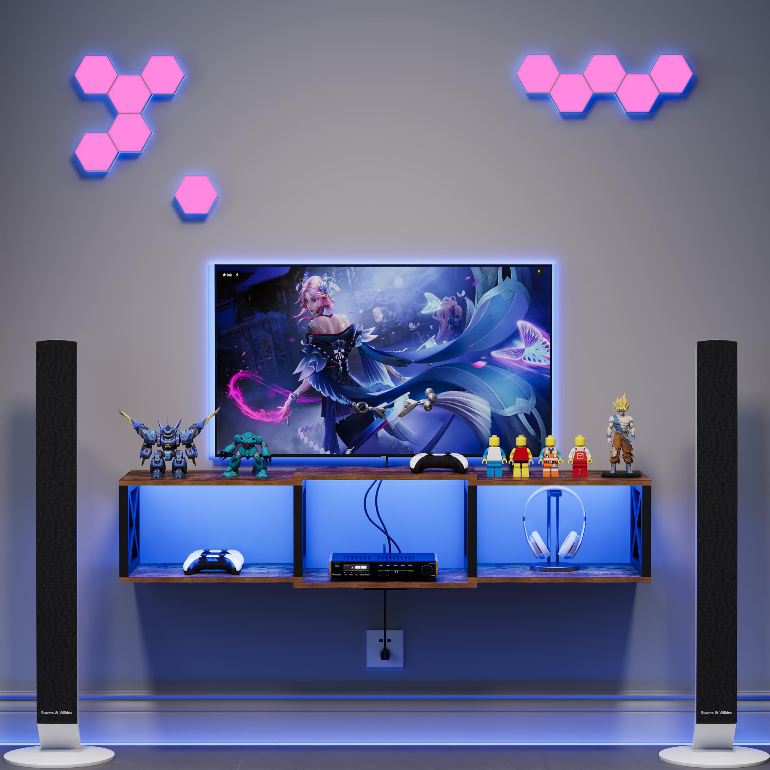 Soporte de TV flotante con tomas de corriente, consola de entretenimiento montada en la pared con luz LED, estante de TV flotante para almacenamiento debajo del televisor (marrón rústico, 46 3