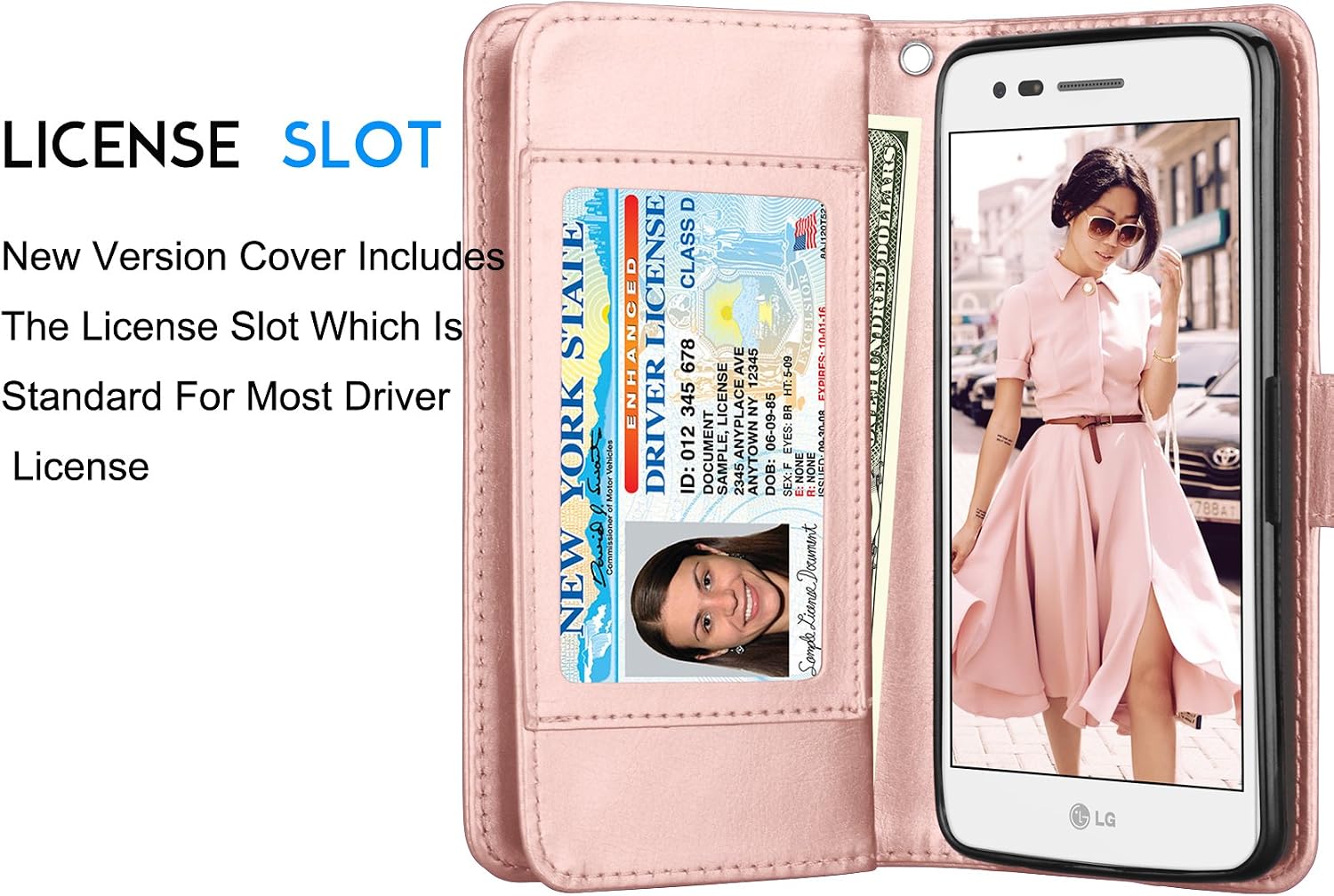 Tekcoo Compatible for LG Fortune/Phoenix 3 / LG Aristo/Risio 2 / LG Rebel 2 LTE /LV3 Wallet Case, Credit Card Slots Carrying PU Leather Folio Flip Cover [Detachable Magnetic Case] Stand -Rose Gold