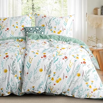 RUIKASI Bed Linen 135 x 200 cm Flowers 4-Piece - Sage Green Floral Pattern Duvet Cover 135 x 200 cm Microfibre Floral Bedding Sets with 2 Pillowcases 80 x 80 cm Zip Soft and Non-Iron