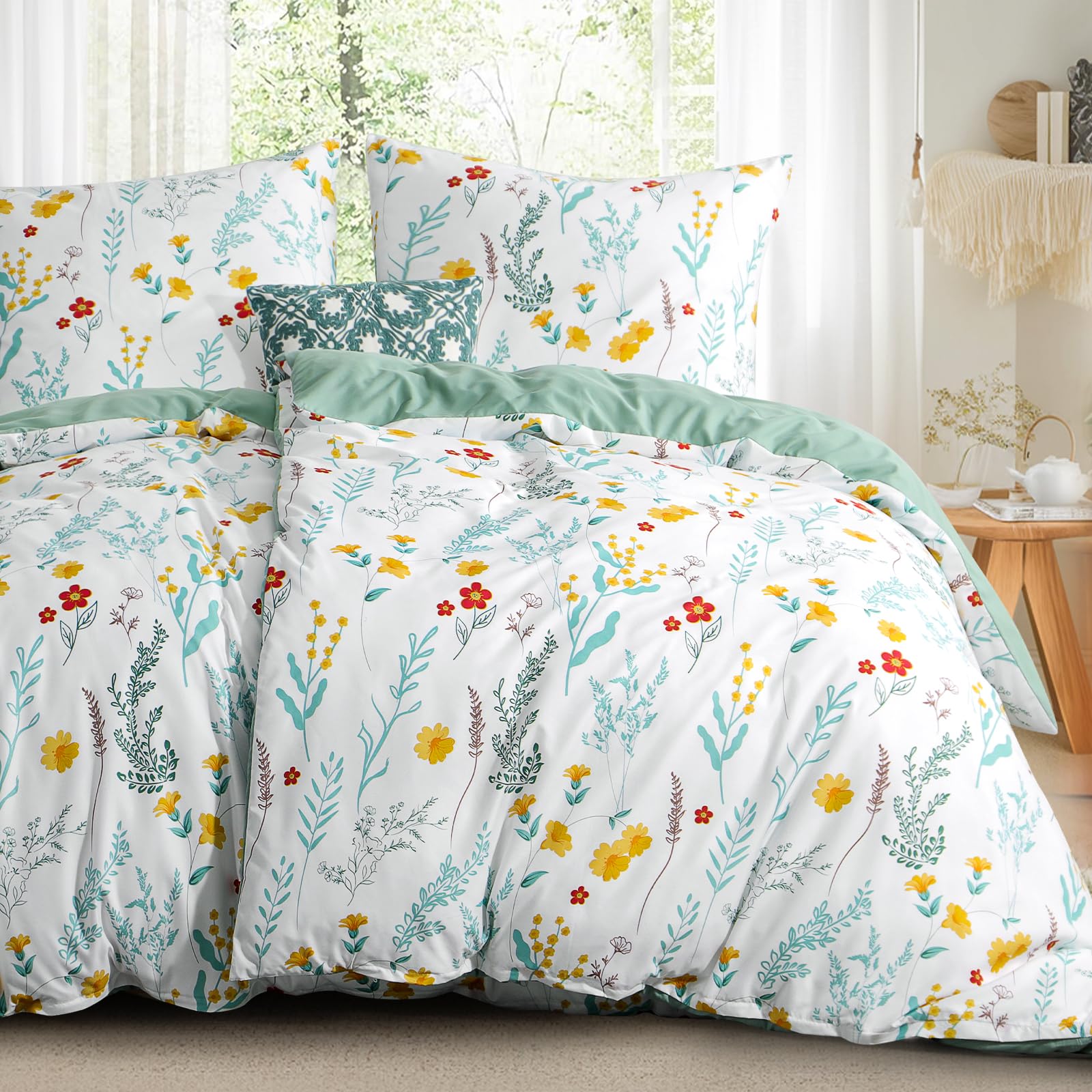 RUIKASI Bettwäsche 135x200 Blumen 4teilig - Salbei Grün Blumenmuster Bettbezug 135 x 200, Mikrofaser Floral Bettwäsche-Sets mit 2 Kissenbezügen 80x80cm Reißverschluss, Weich und Bügelfrei