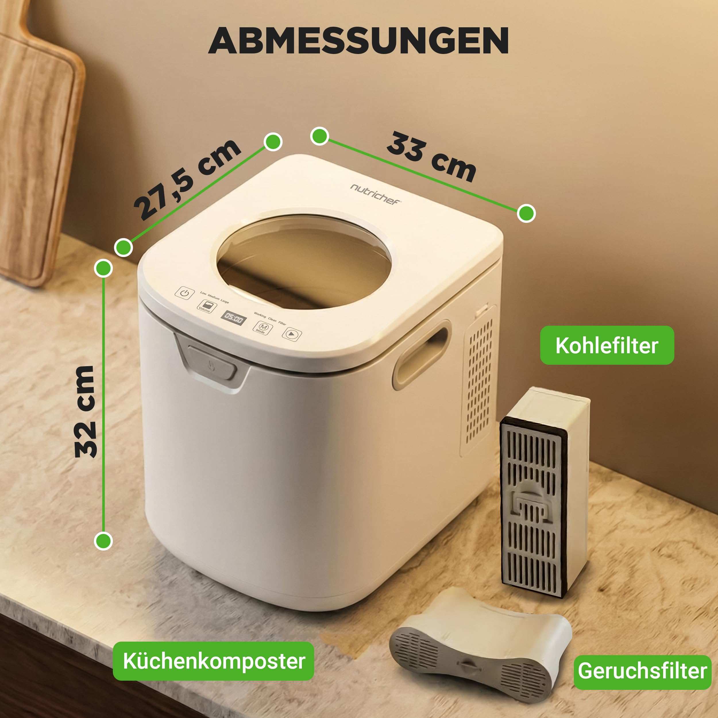 NutriChef Elektrischer Küchenkomposter - Indoor Lebensmittelabfälle Komposter Mülleimer, Geruchloses Arbeitsplatten-Design, Kohlefiltersystem, Leiser Betrieb, Heimkompostierungslösung, Weiß
