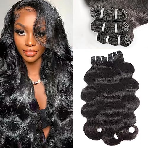 lynch Raw Body Wave Bundles Human Hair, Real 100% Unprocessed Cambodian 3 Bundles Human Hair, 105g/bundle Thickened Virgin Human Hair Bundle, 20 22 24 Inch Natural Black