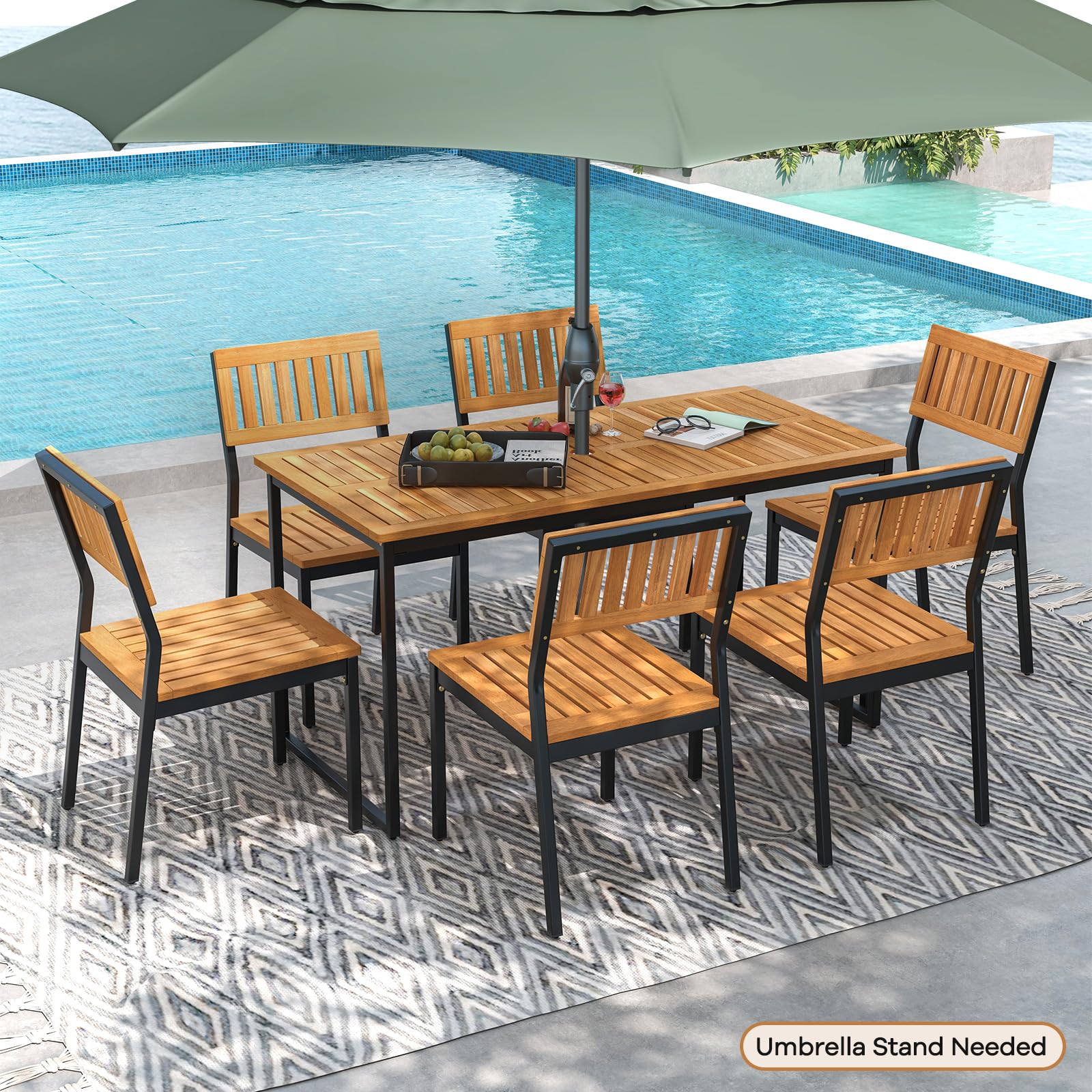 Tangkula 7 Piece Outdoor Dining Set for 6, Acacia Wood Rectangular Dining Table & 6 Armless Chairs w/Metal Frame, Umbrella Hole, Farmhouse Dining Furniture Set for Garden Porch Poolside : Patio