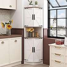 Vabches 64.8" Tall Farmhouse Corner Cabinet with 4 Doors and 5 Storage Shelves, Farmhouse Storage Cabinet with Barn Door Design, Home Space Saver for Living Room, Kitchen, Laundry Room,White