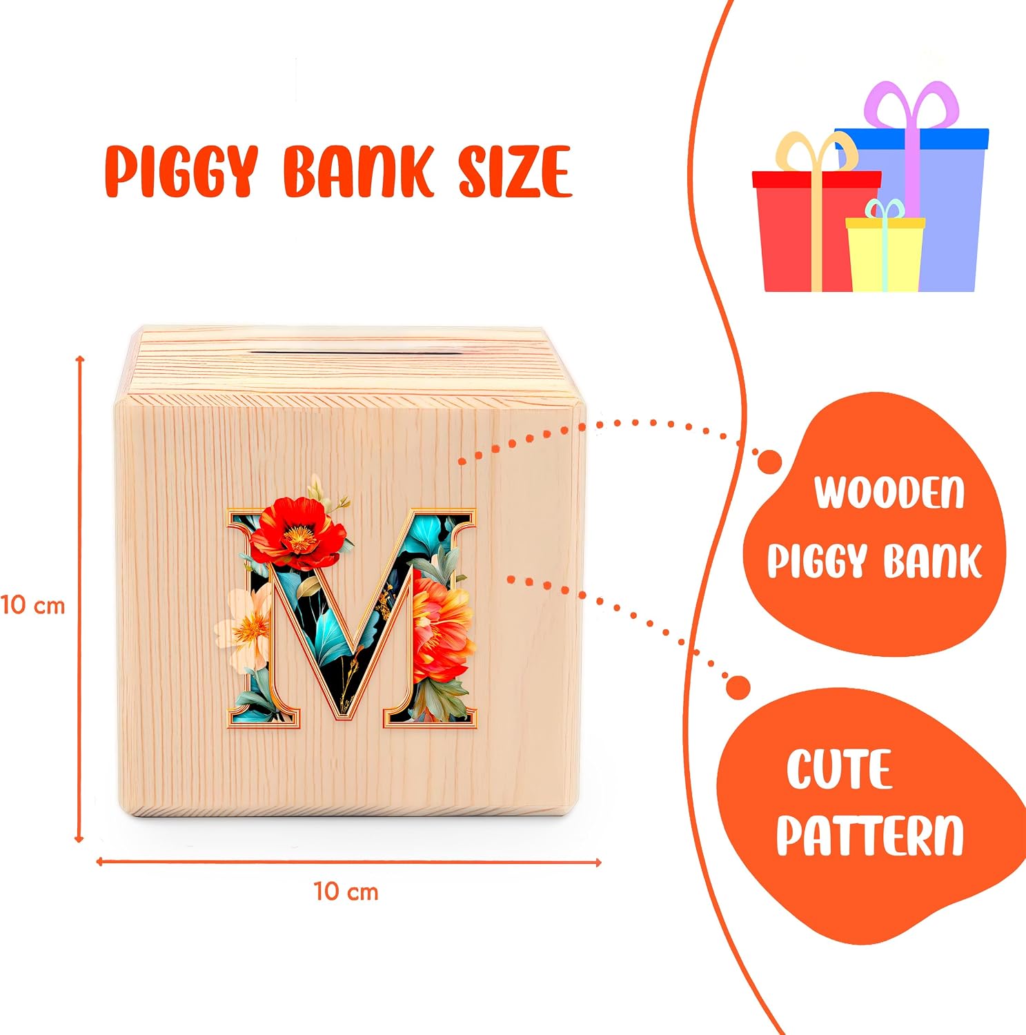 Wooden Piggy Bank Money Bank Coin Bank (Letter M)