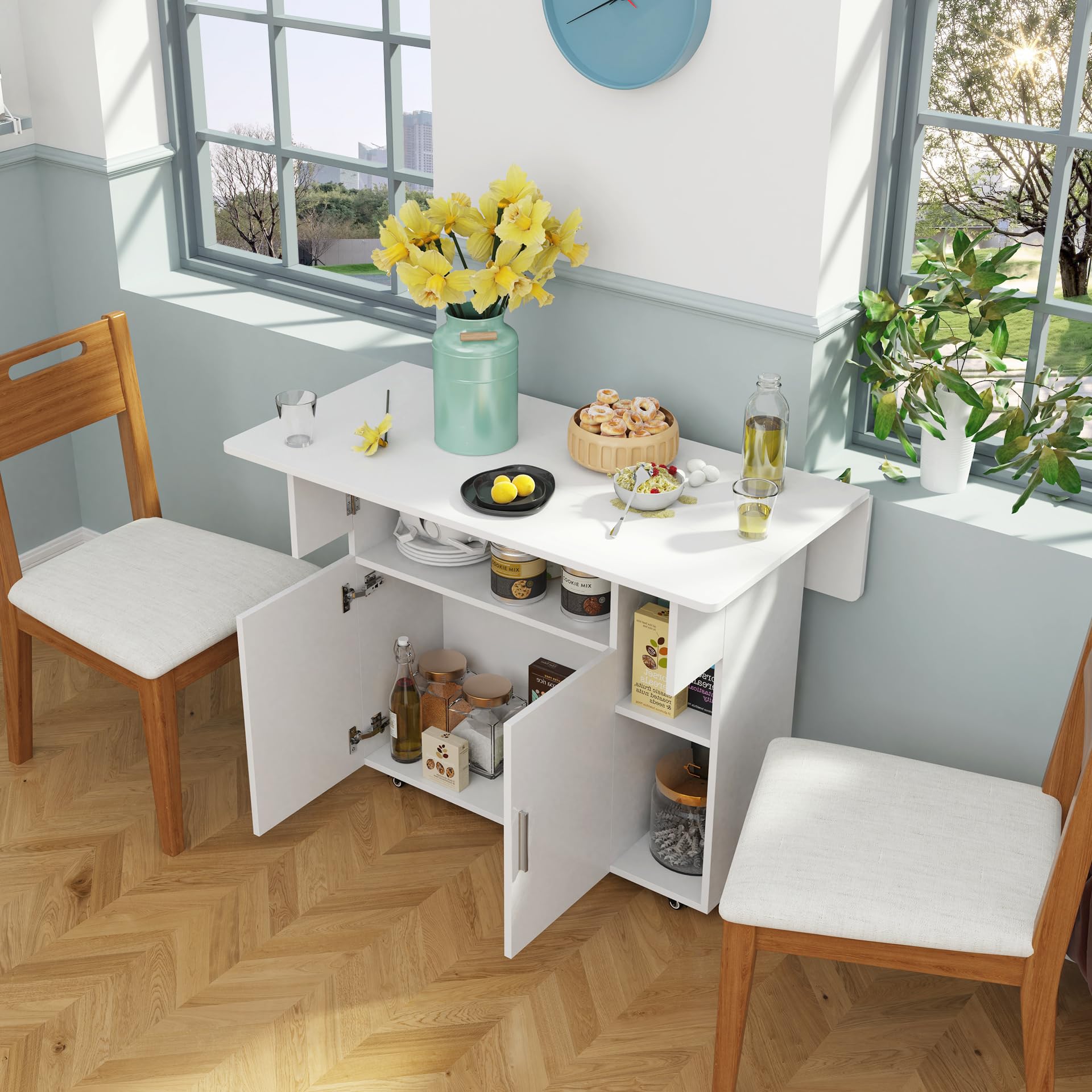 Mesa Plegable Cocina Móvil para Comedor Salón Escritorio, Blanco | 100x70x78cm Mesa Comedor Plegable con Amplio Espacio de Almacenamiento, Ruedas Giratorias y con Bloqueo, para 2-4 Personas