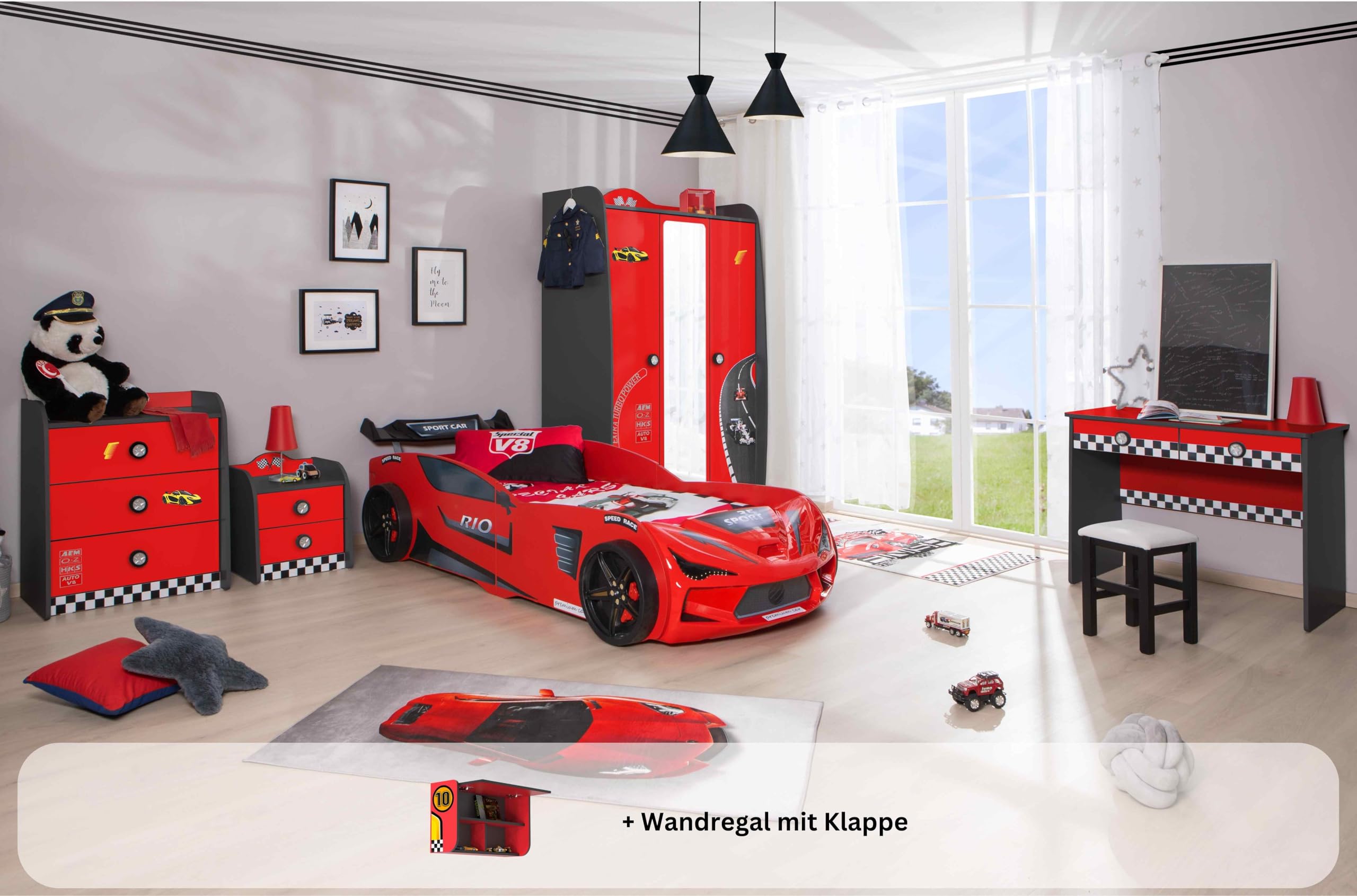 Kinderzimmer Komplett Set Jugendzimmer Kindermöbel 5 teilig mit Autobett Rio (inkl. Wandregal)