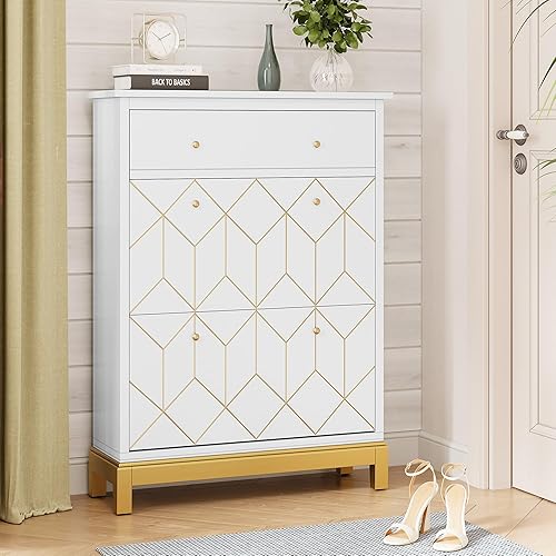 Miniatura 1 de HLR Gabinete oculto para zapatos que ahorra espacio con 2 puertas abatibles, 1 cajón, armario de almacenamiento de zapatos de entrada, armario