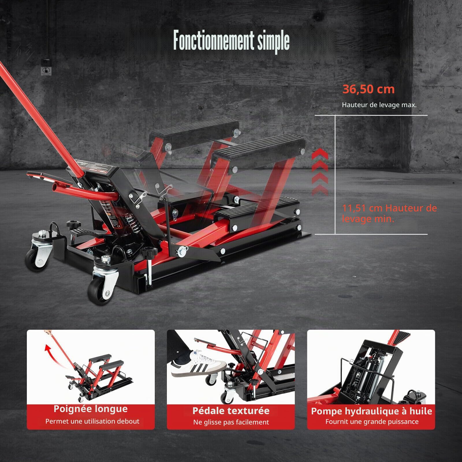 Cric de moto 680KG Ascenseur de moto Support de moto Pont élévateur à ciseaux Cric hydraulique robuste Durable avec un support protégé