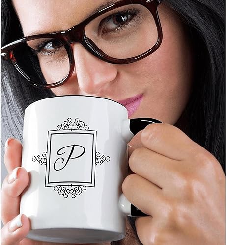 Miniatura 2 de 3dRose 3dRose Initial letter P personal monogrammed fancy black and white typography elegant stylish personalized - Two Tone Black Mug, 11oz , ,