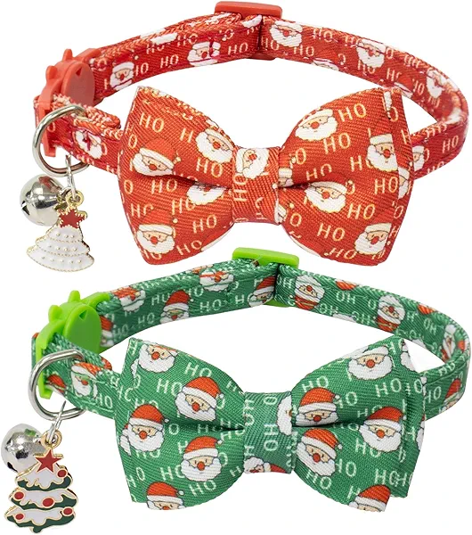 HSIGIO Christmas Cat Collar with Bells, Breakaway Cat Bowtie Collars, Red Green Christmas 2 Pack Safety Kitten Collars for Girl Female Boy Male Cats