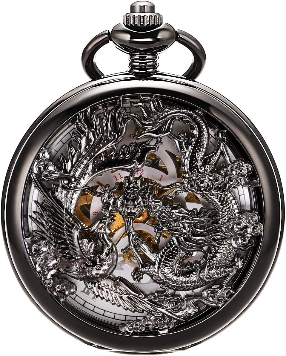 Mechanical Pocket Watches Mens, Lucky Phoenix and Dragon, Skeleton Pocket Watch, Antique Roman Numerals Box