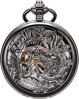 SIBOSUN Mechanical Pocket Watches Mens, Lucky Phoenix and Dragon, Skeleton Pocket Watch, Antique Roman Numerals Box Black Gold