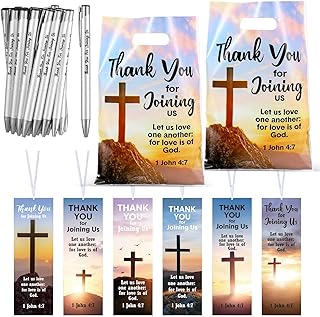 Supervitae 108 Pcs/36 Sets Church Welcome Gift Pockets Bulk Church Visitor Gifts 36 Religious Brochure Bags with Handle 36 Thank You for Joining Us Ballpoint Pen 36 Bookmark for Christian Supplies