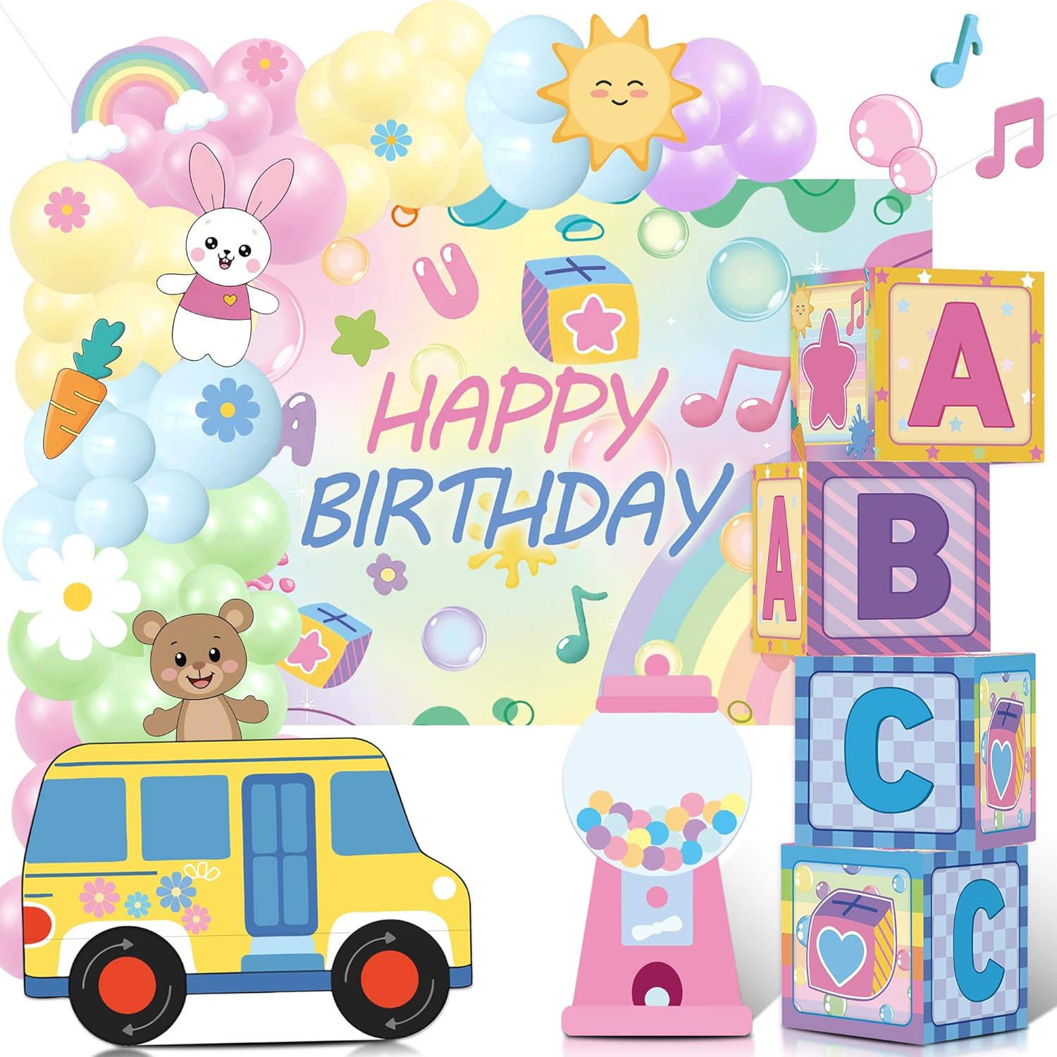 Girls Birthday Party Decorations, 4PCS Rainbow ABC Boxes with Colorful Preppy Birthday Backdrop and Balloon Garland for Baby Shower, Preschool Theme Party