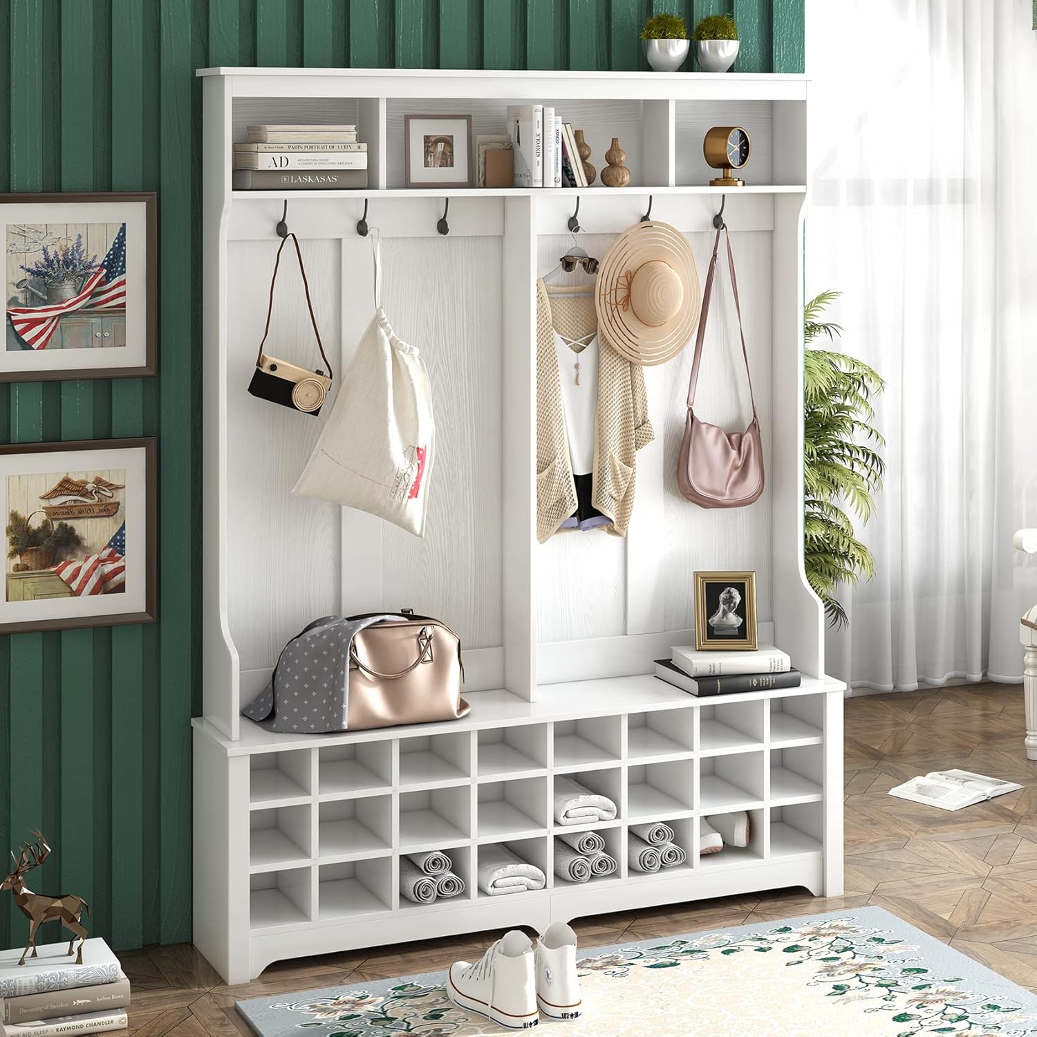 Wide Hall Tree with Bench, 24 Shoe Cubbies, Coat Rack, Open Shelves, Modern Mudroom Bench with Storage and 6 Metal Hooks for Entryway, Hallways
