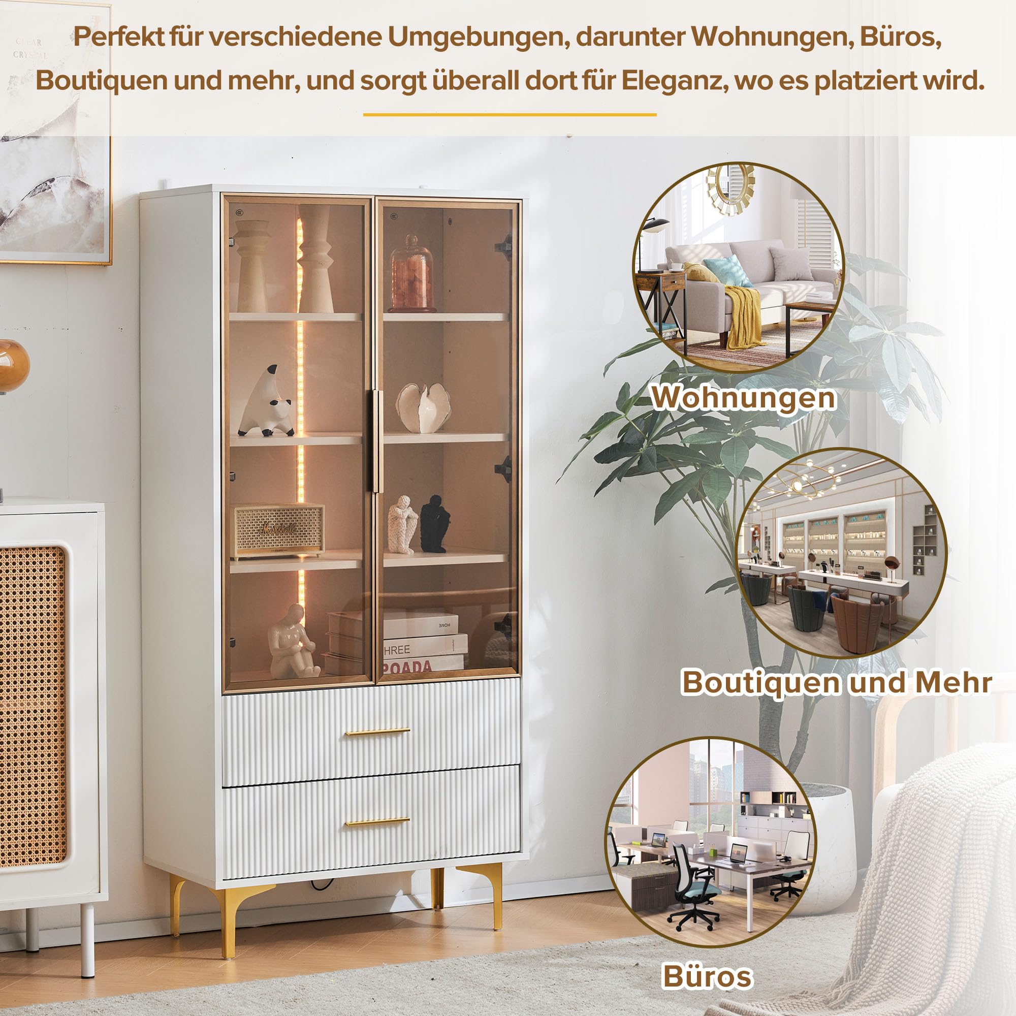 Elegante vitrina de cristal con dos puertas, 70 x 35 x 150 cm, puertas de cristal, patas doradas, estantes móviles, luz LED, armario alto