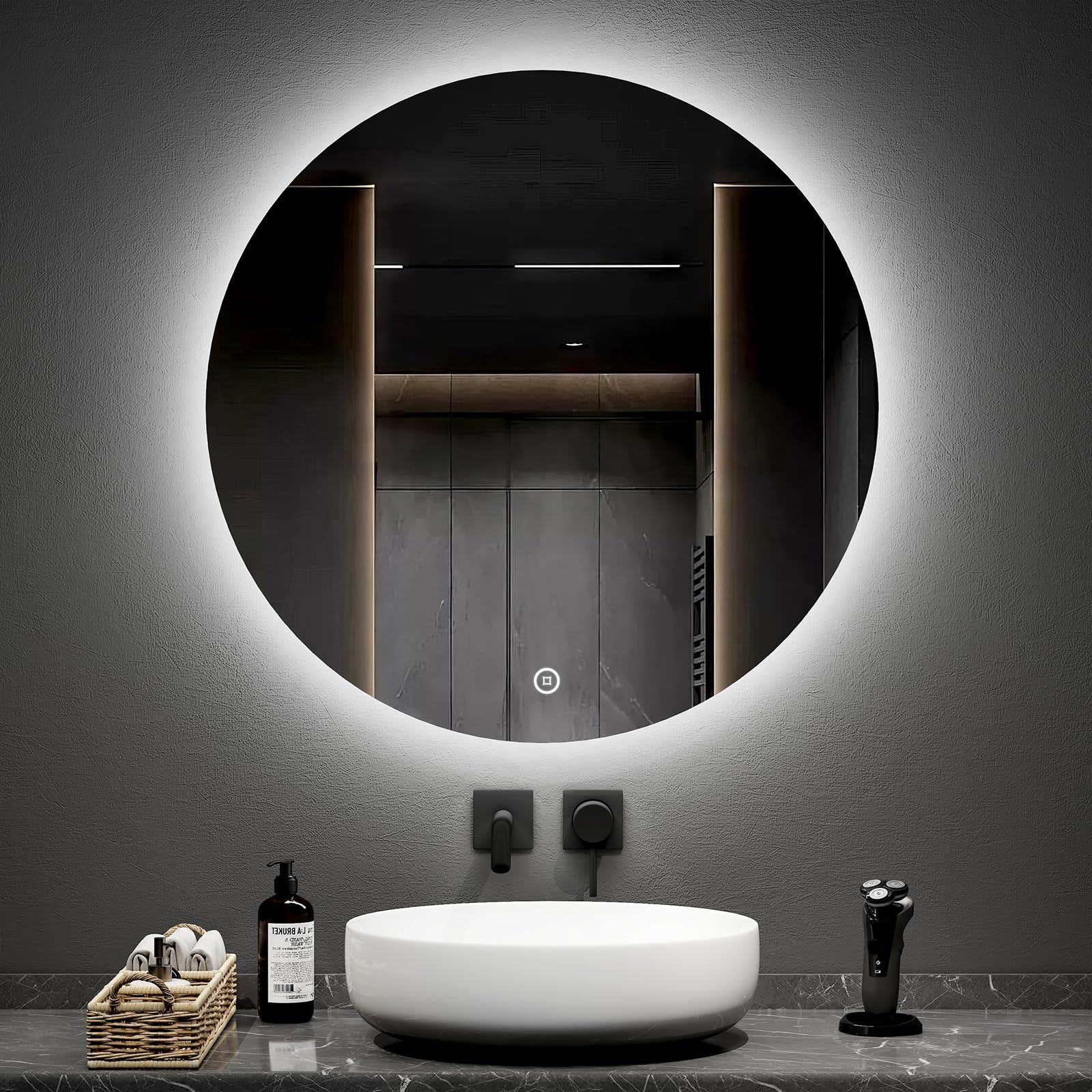 EMKE 80cm Round Bathroom Mirror with LED Lights, Touch Switch, Dimmable